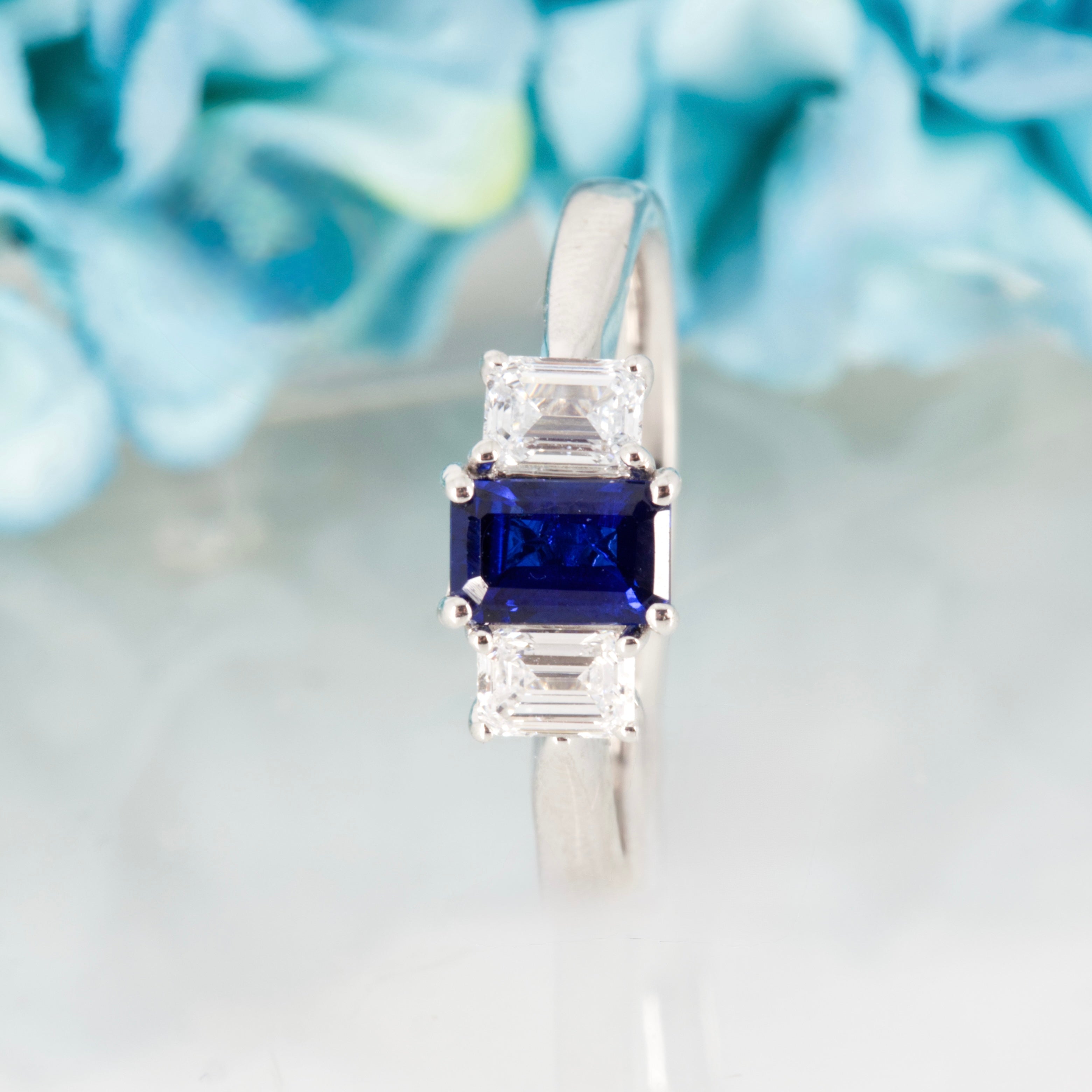 9ct White Gold Emerald Cut Lab Grown Sapphire & Emerald Cut Lab Grown Diamond Trilogy Ring