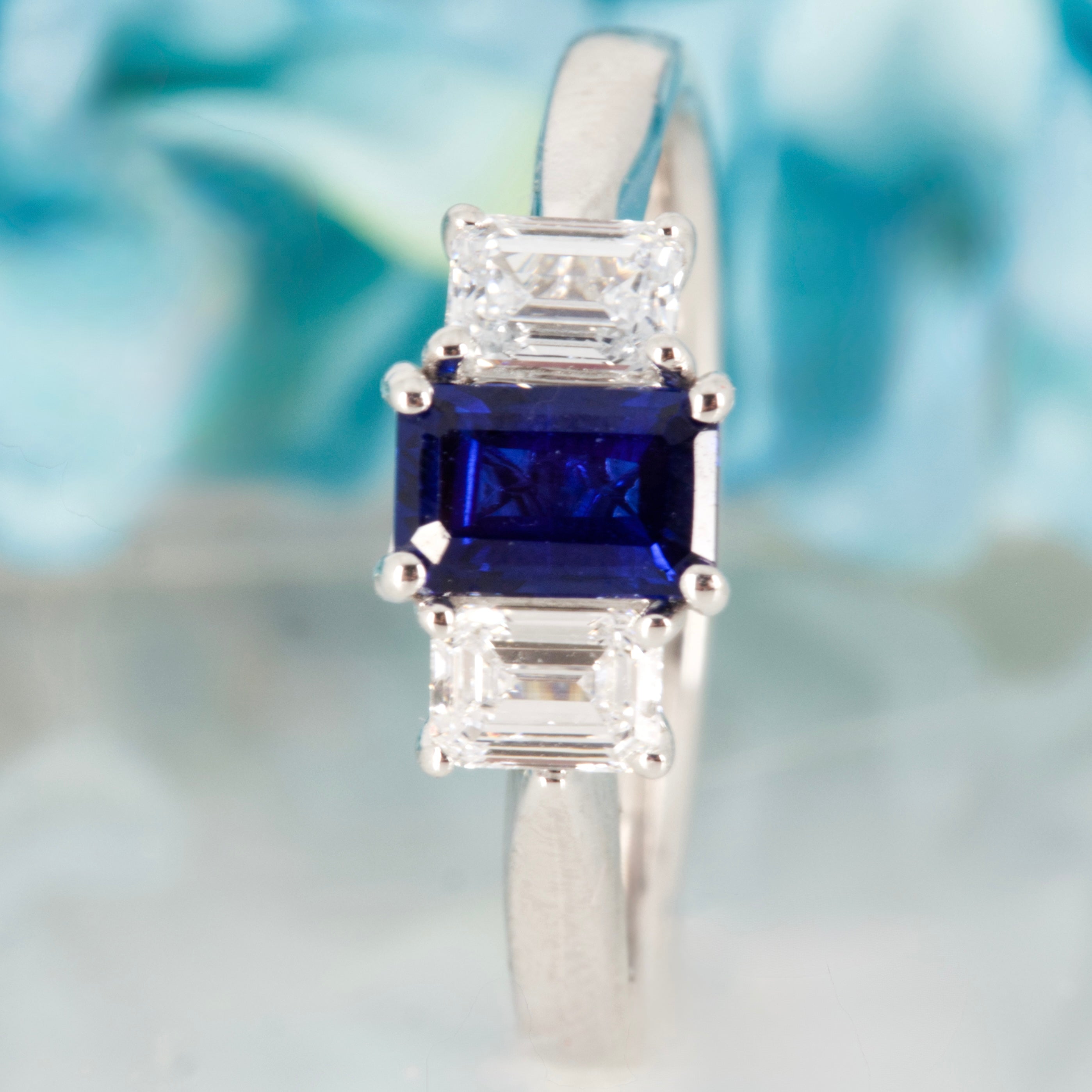 9ct White Gold Emerald Cut Lab Grown Sapphire & Emerald Cut Lab Grown Diamond Trilogy Ring