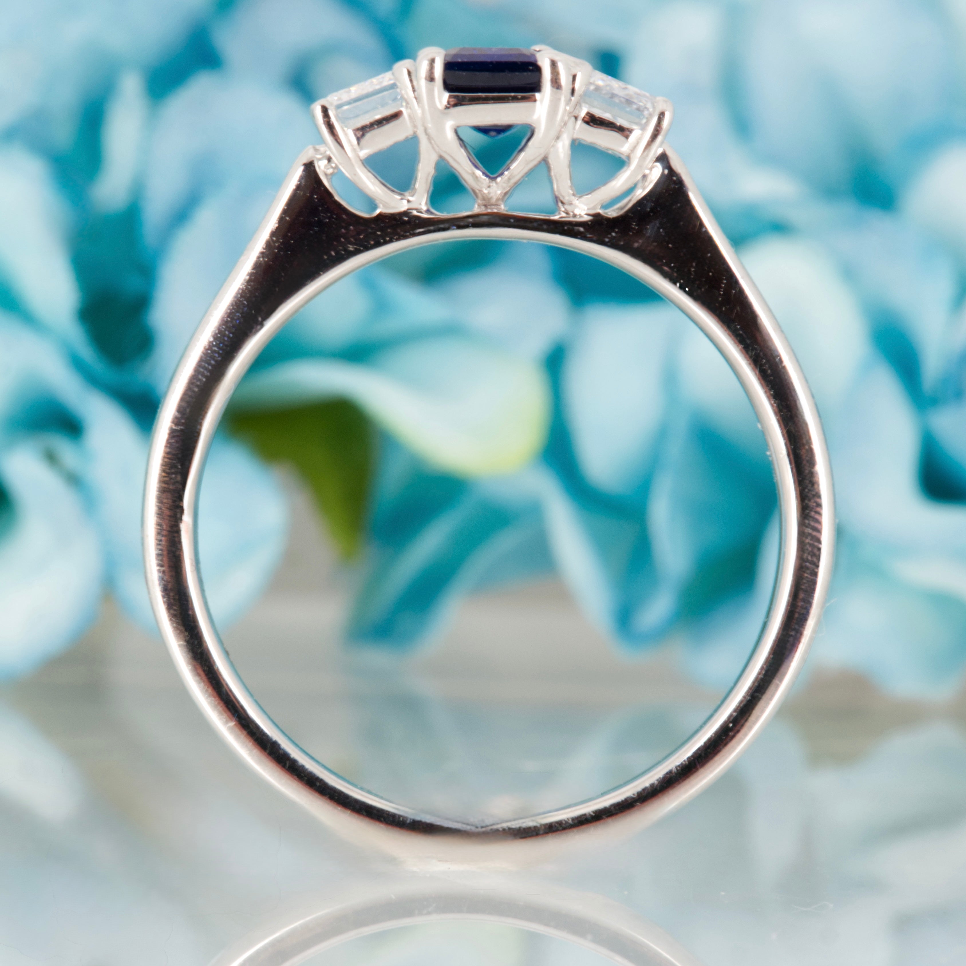9ct White Gold Emerald Cut Lab Grown Sapphire & Emerald Cut Lab Grown Diamond Trilogy Ring