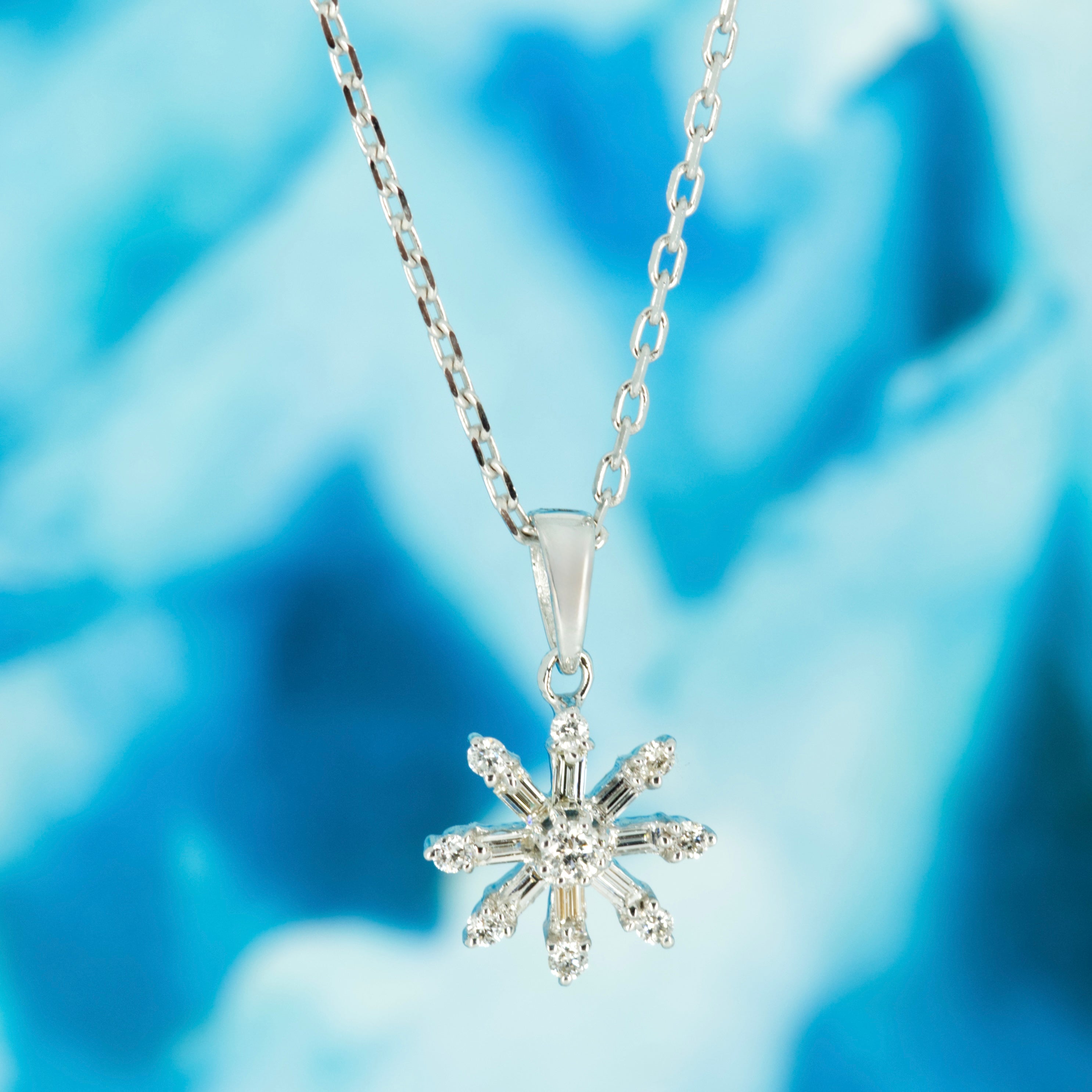 9ct White Gold 0.24ct Round Brilliant & Baguette Cut Diamond Snowflake Pendant & Chain