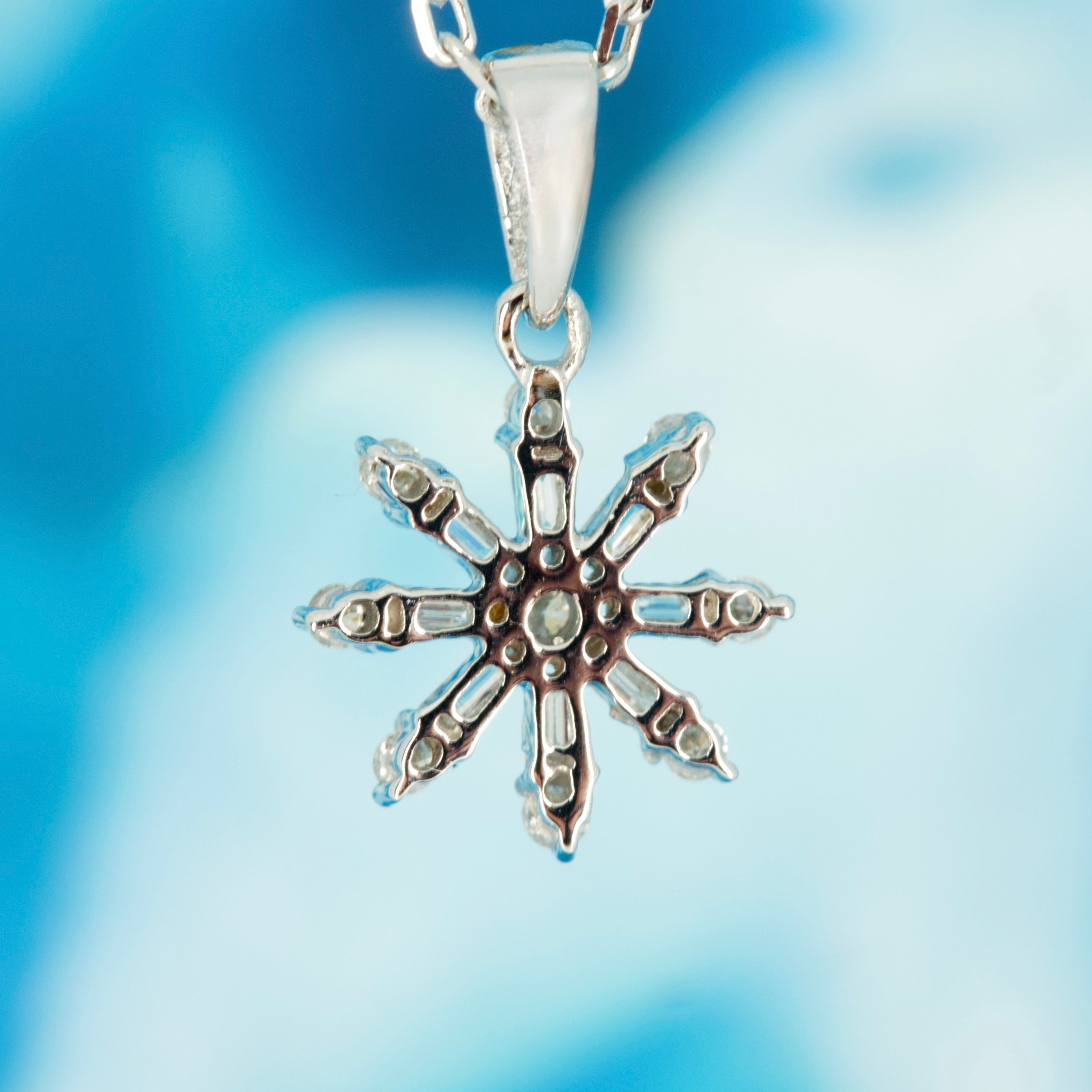 9ct White Gold 0.24ct Round Brilliant & Baguette Cut Diamond Snowflake Pendant & Chain