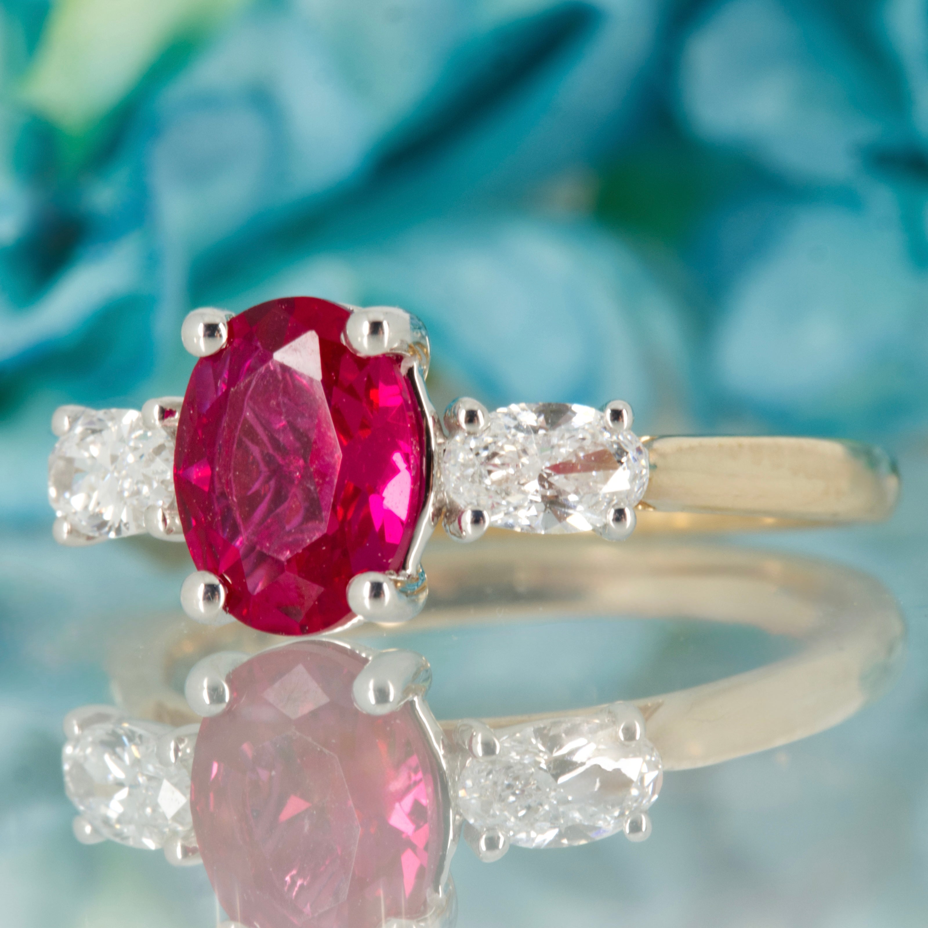 9ct Yellow Gold Oval Cut Lab Grown Ruby & Oval Cut Lab Grown Diamond Trilogy Ring