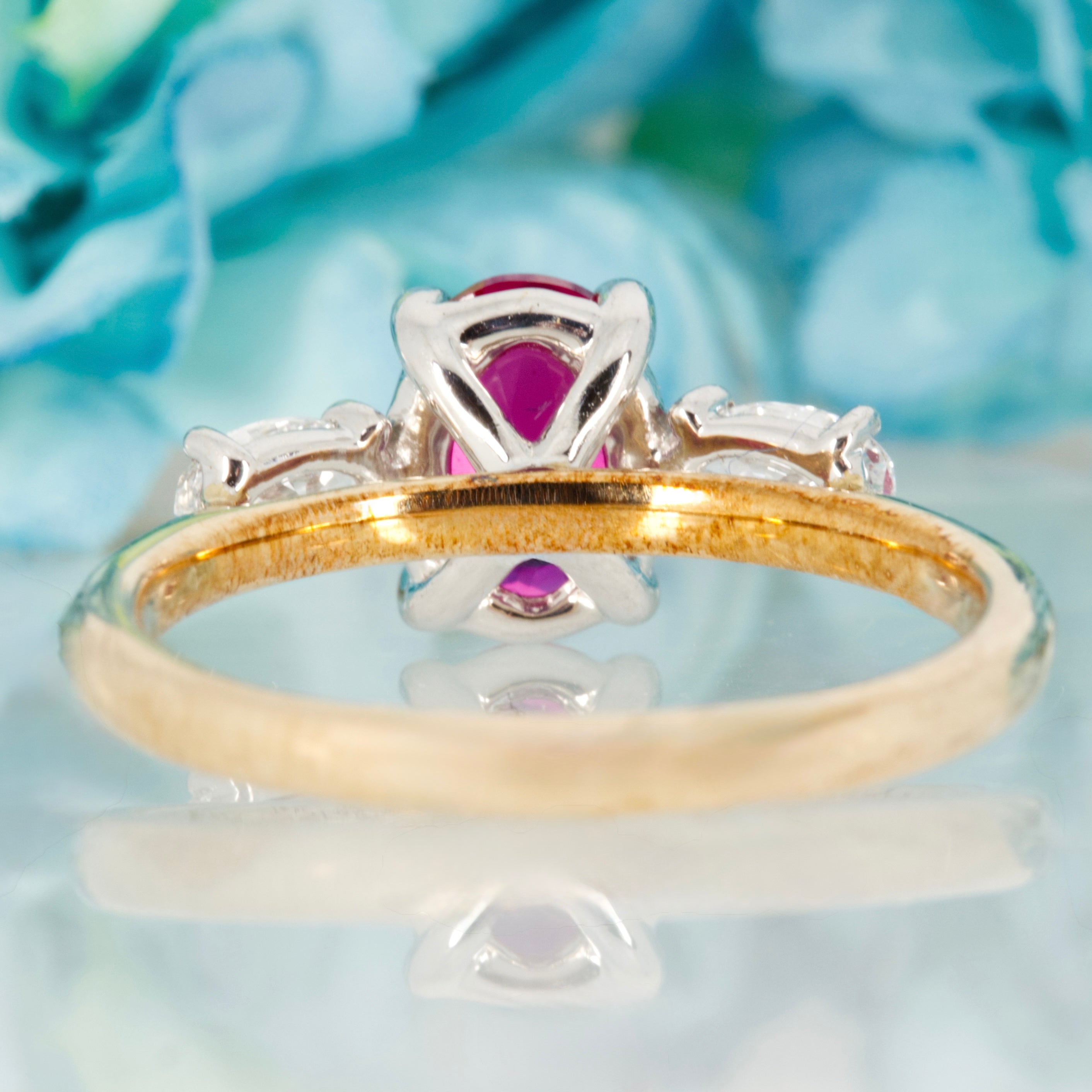 9ct Yellow Gold Oval Cut Lab Grown Ruby & Oval Cut Lab Grown Diamond Trilogy Ring