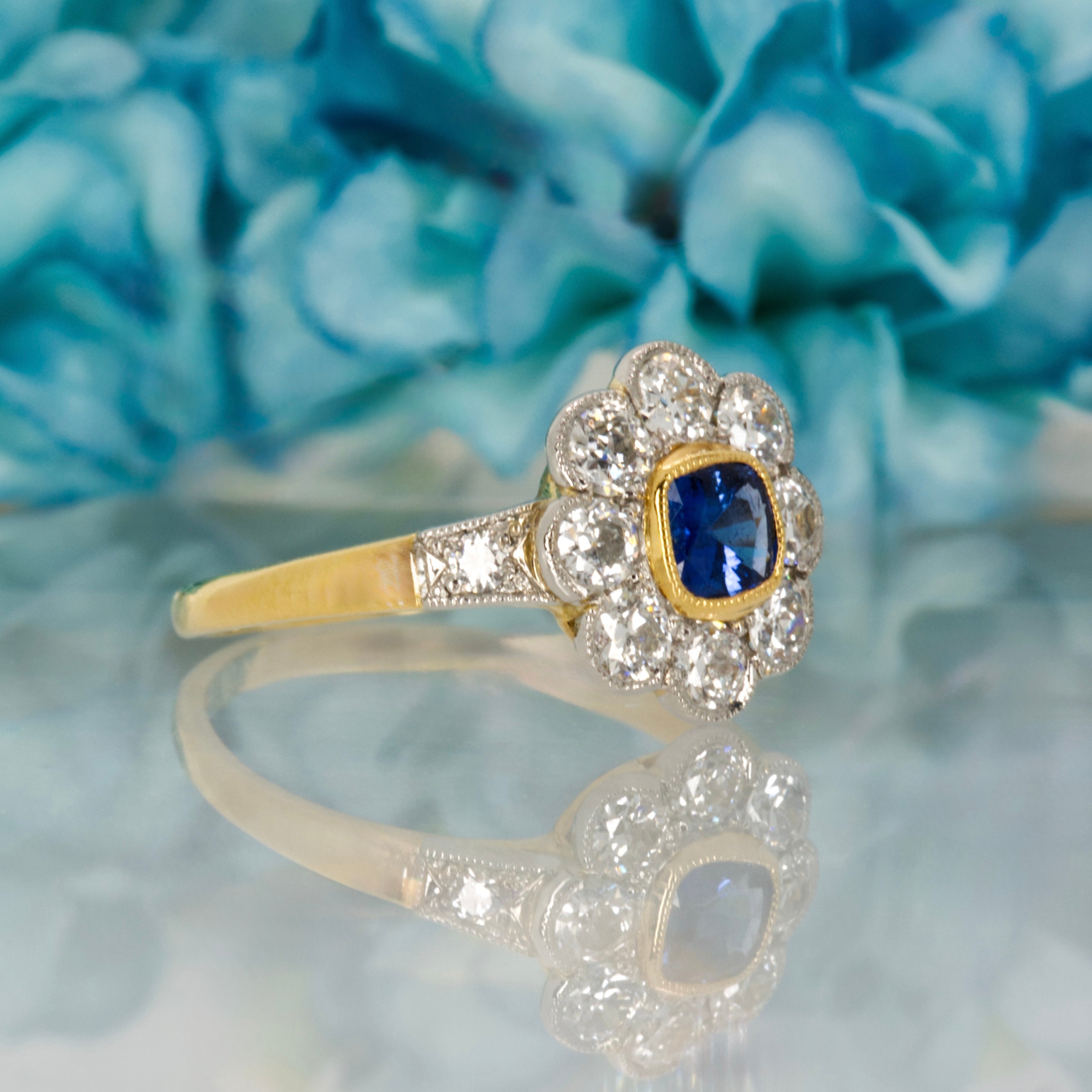 Pre-Loved 18ct Yellow Gold & Platinum Cushion Cut Sapphire & Diamond Daisy Cluster Ring