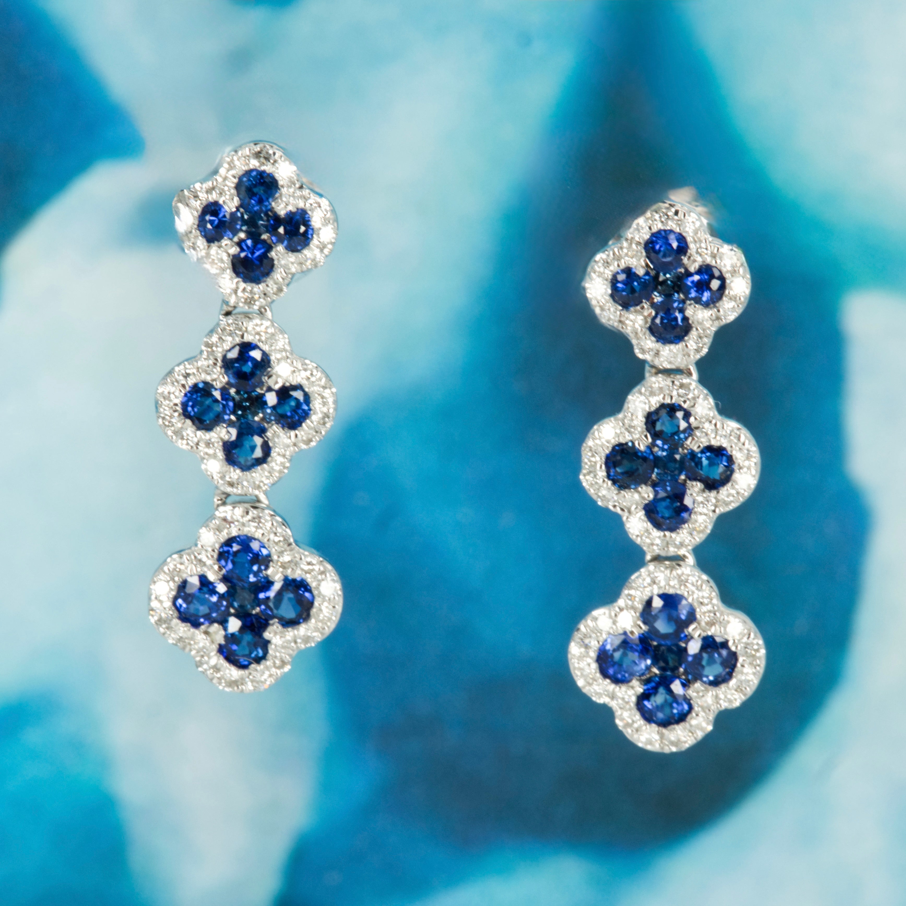 18ct White Gold Sapphire & Diamond Triple Clover Cluster Drop Earrings