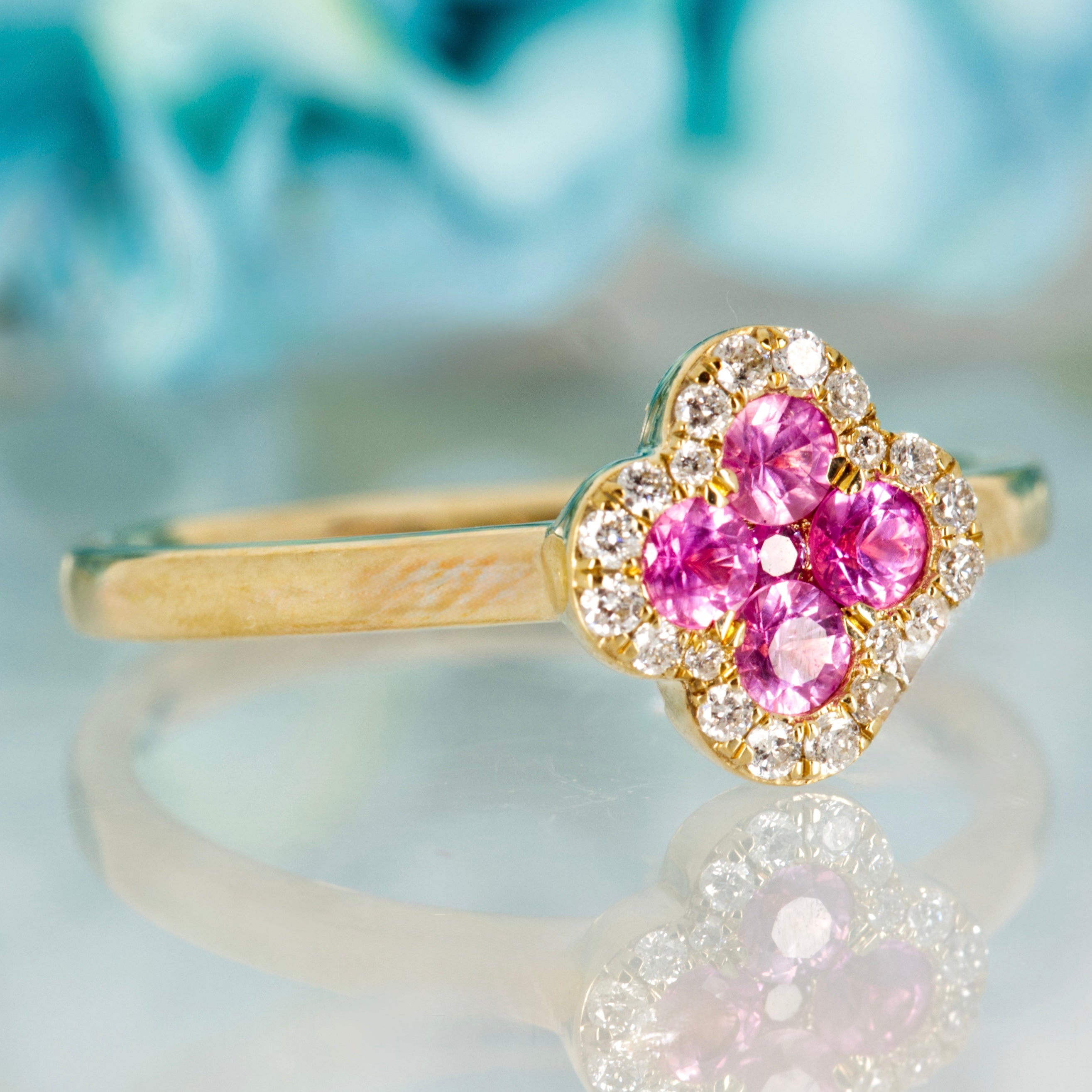 9ct Yellow Gold Round Cut Pink Sapphire & Diamond Clover Cluster Ring