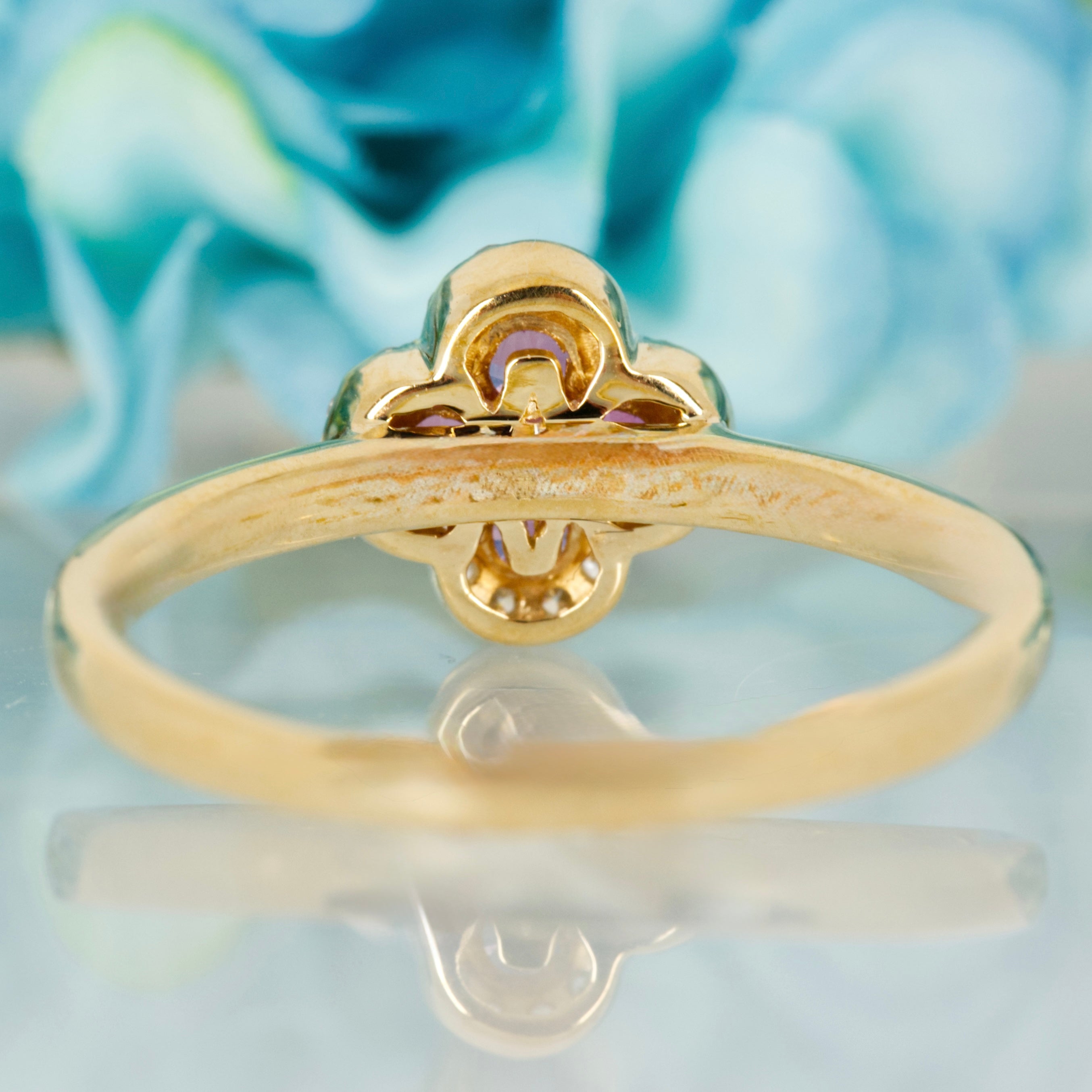 9ct Yellow Gold Round Cut Pink Sapphire & Diamond Clover Cluster Ring