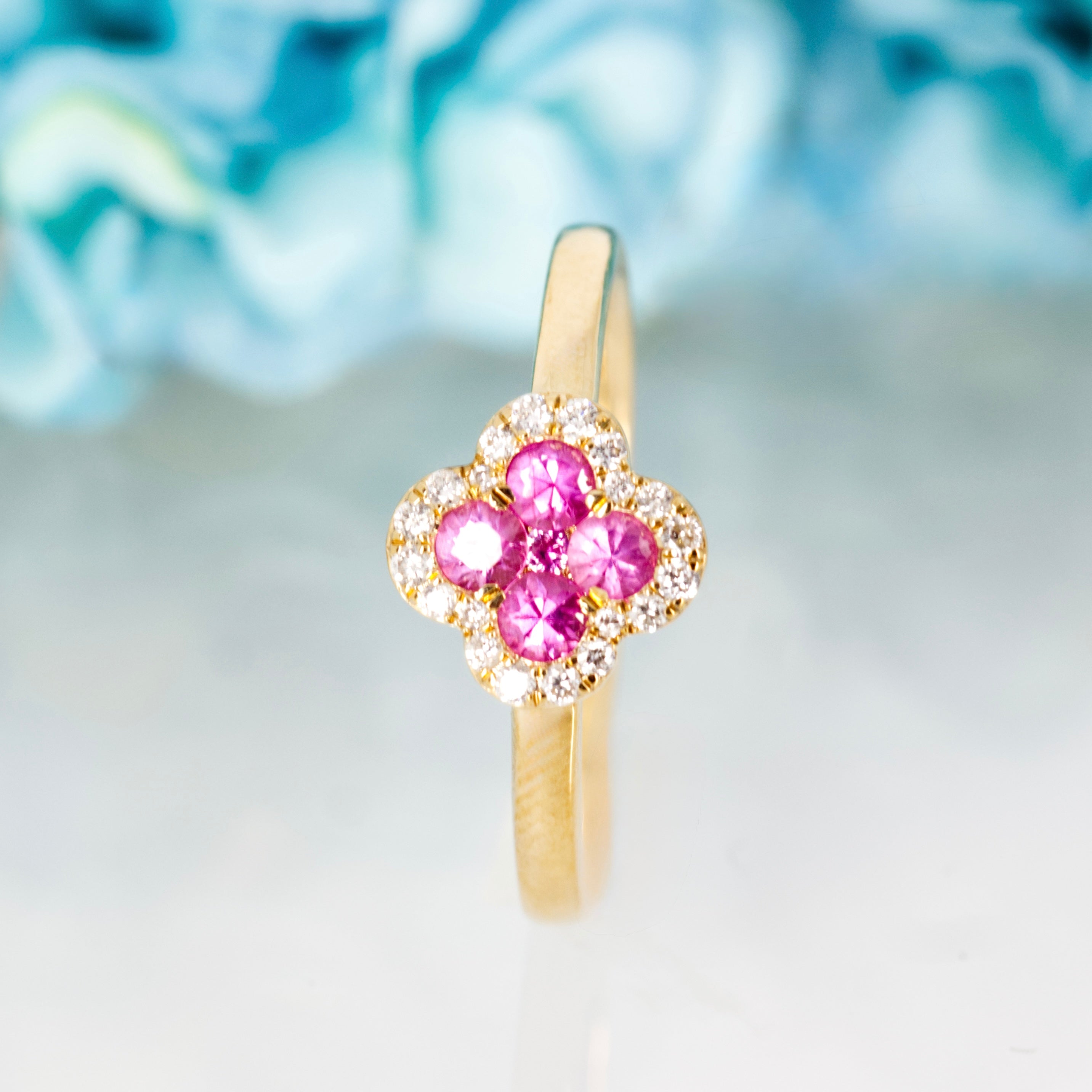 9ct Yellow Gold Round Cut Pink Sapphire & Diamond Clover Cluster Ring
