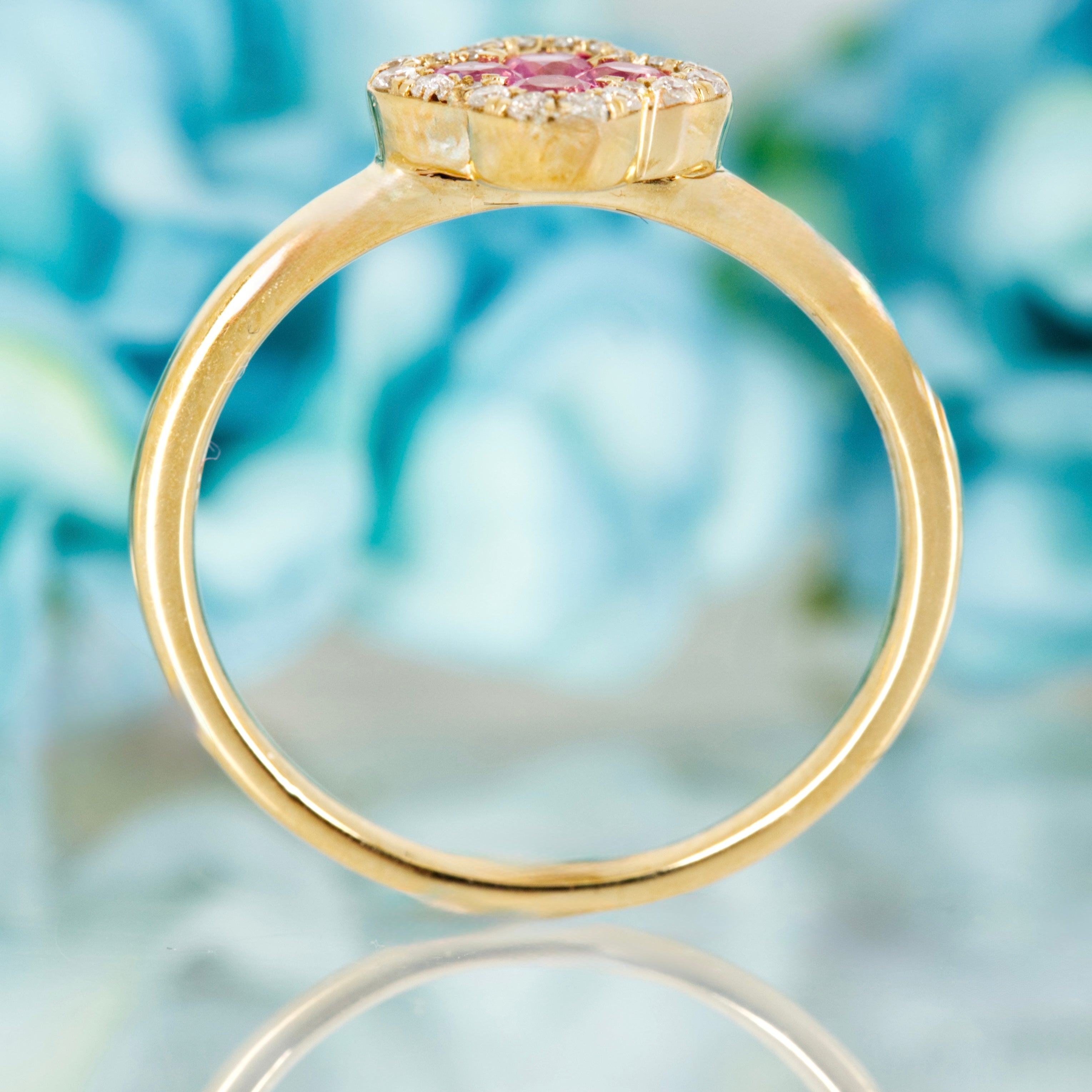 9ct Yellow Gold Round Cut Pink Sapphire & Diamond Clover Cluster Ring