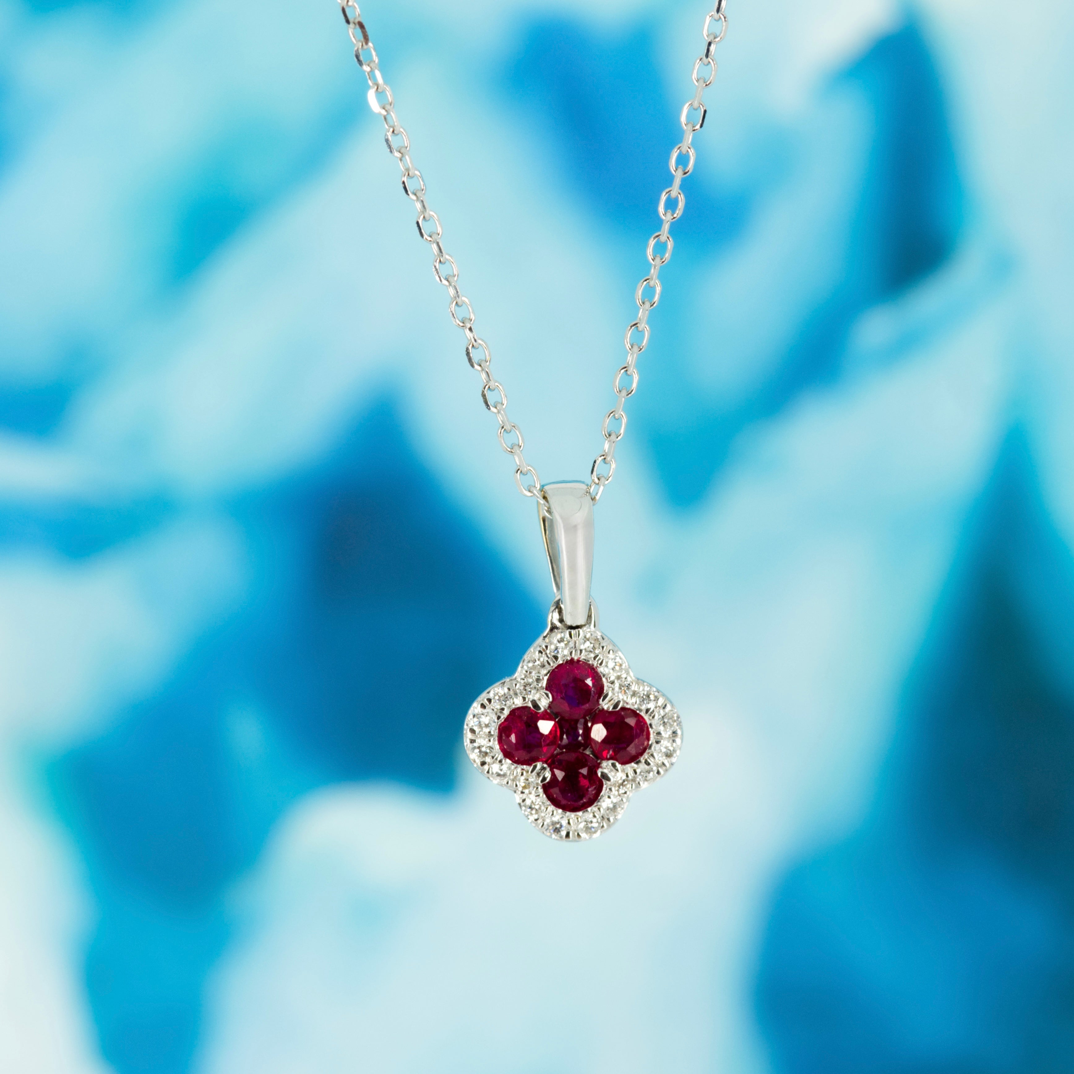9ct White Gold Round Cut Ruby & Diamond Clover Cluster Pendant & Chain