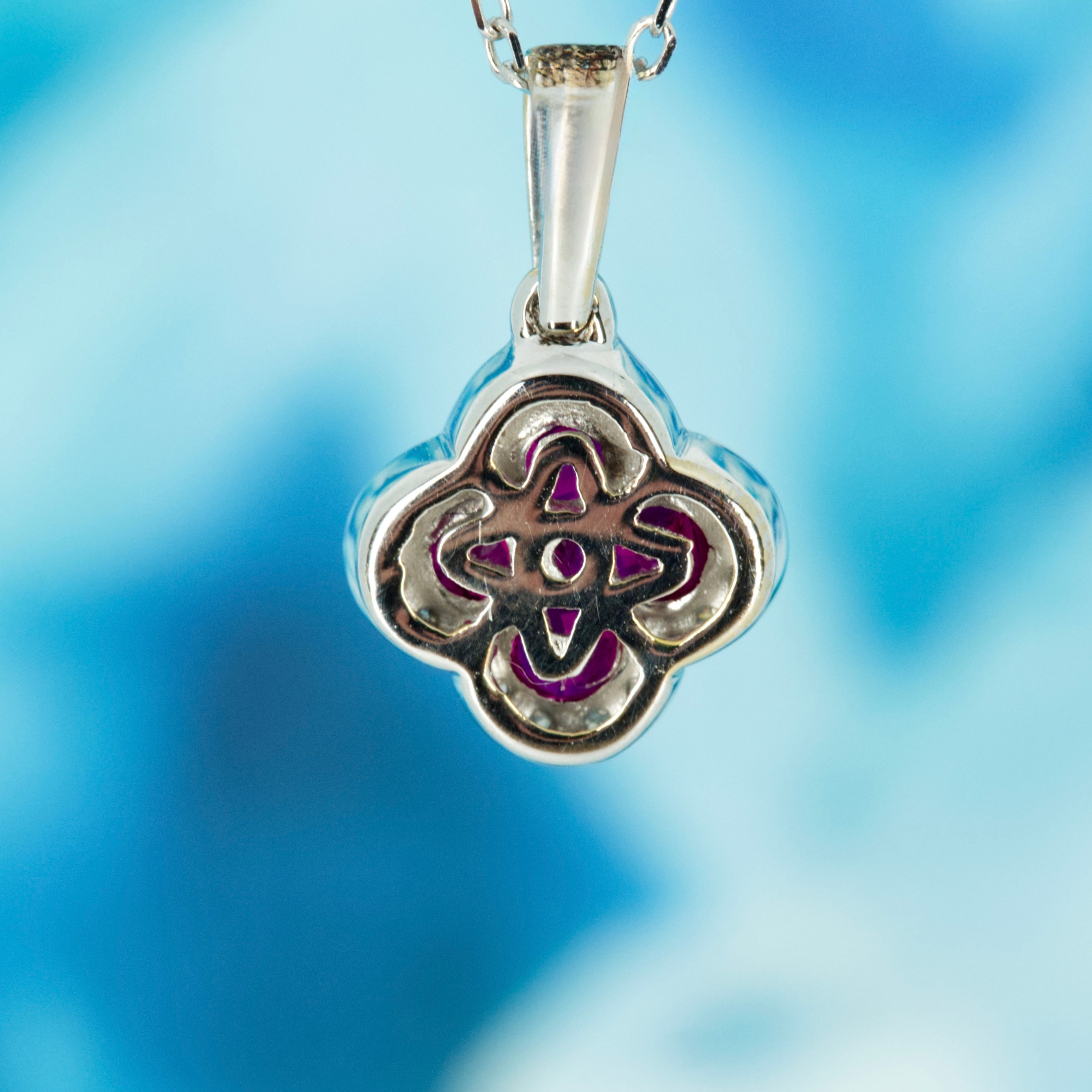 9ct White Gold Round Cut Ruby & Diamond Clover Cluster Pendant & Chain