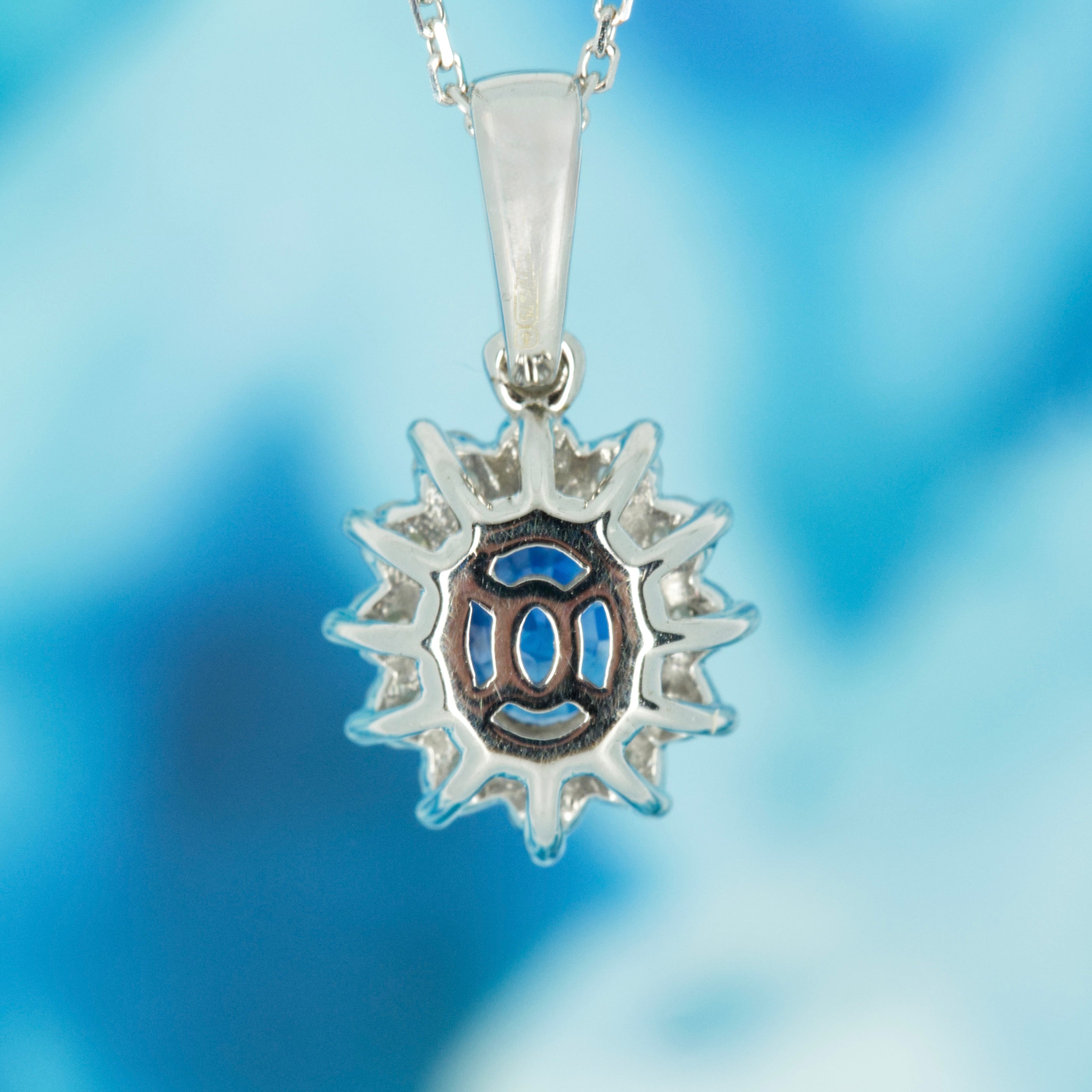 9ct White Gold Oval Cut Sapphire & Round Brilliant Cut Diamond Cluster Pendant & Chain
