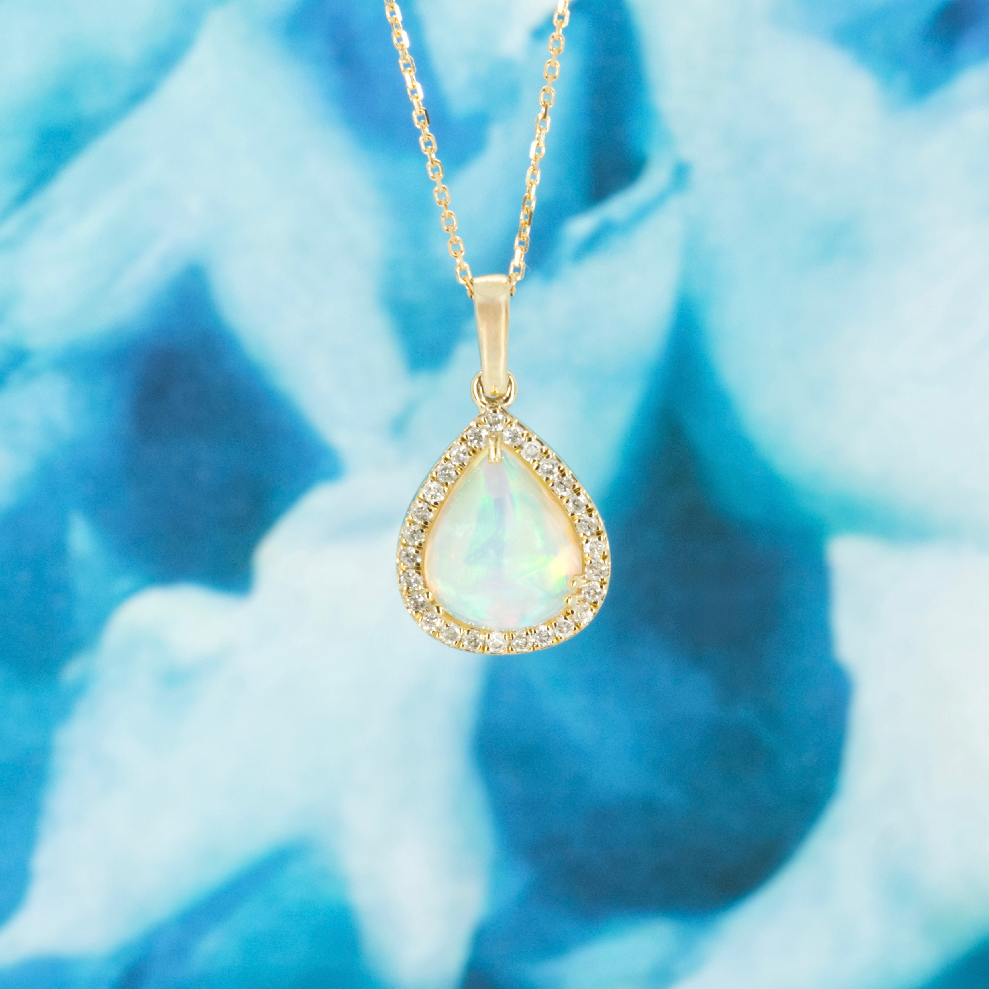 9ct Yellow Gold Pear Shaped Opal & Round Brilliant Cut Diamond Pendant & Chain