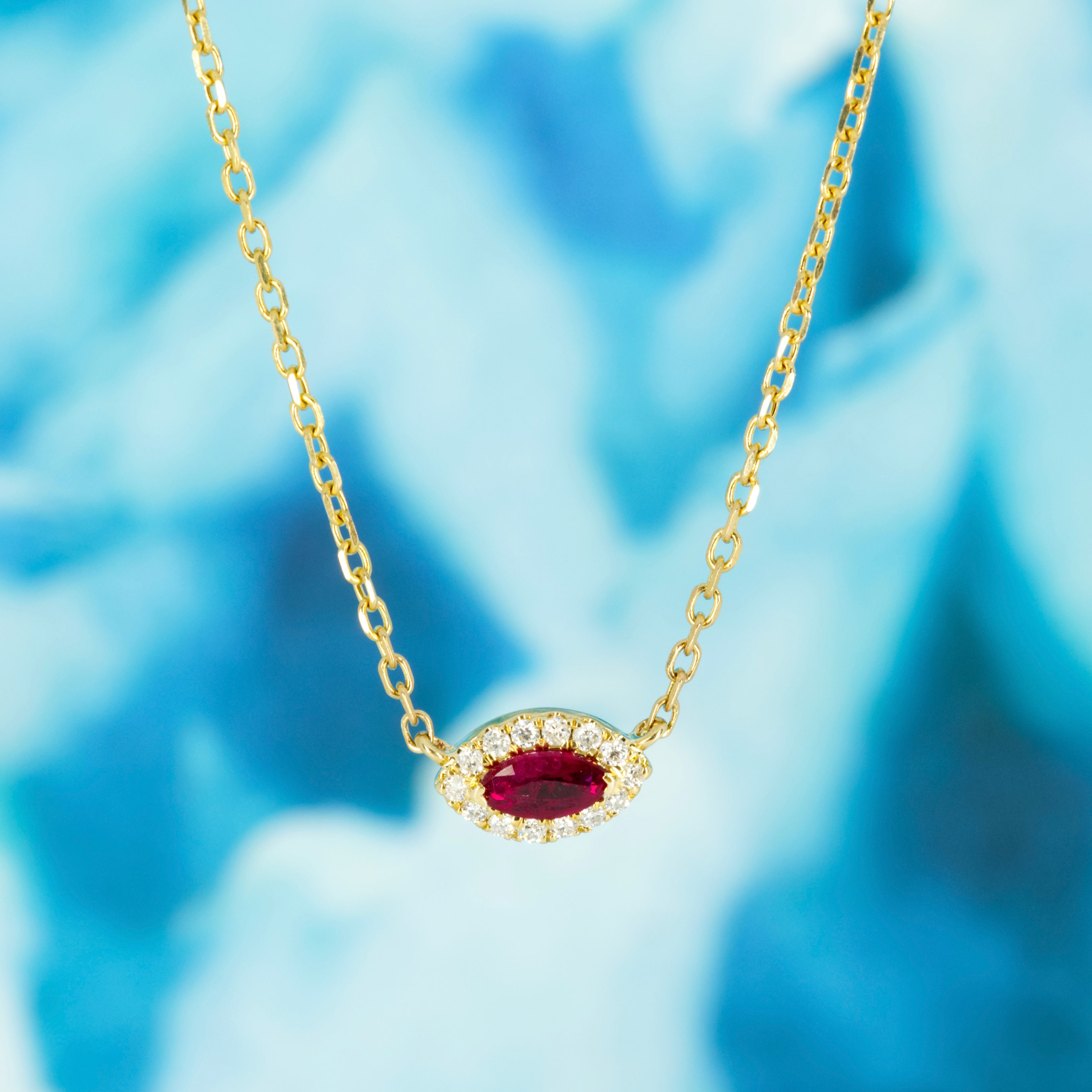 9ct Yellow Gold Marquise Cut Ruby & Round Brilliant Cut Diamond Cluster Pendant & Chain
