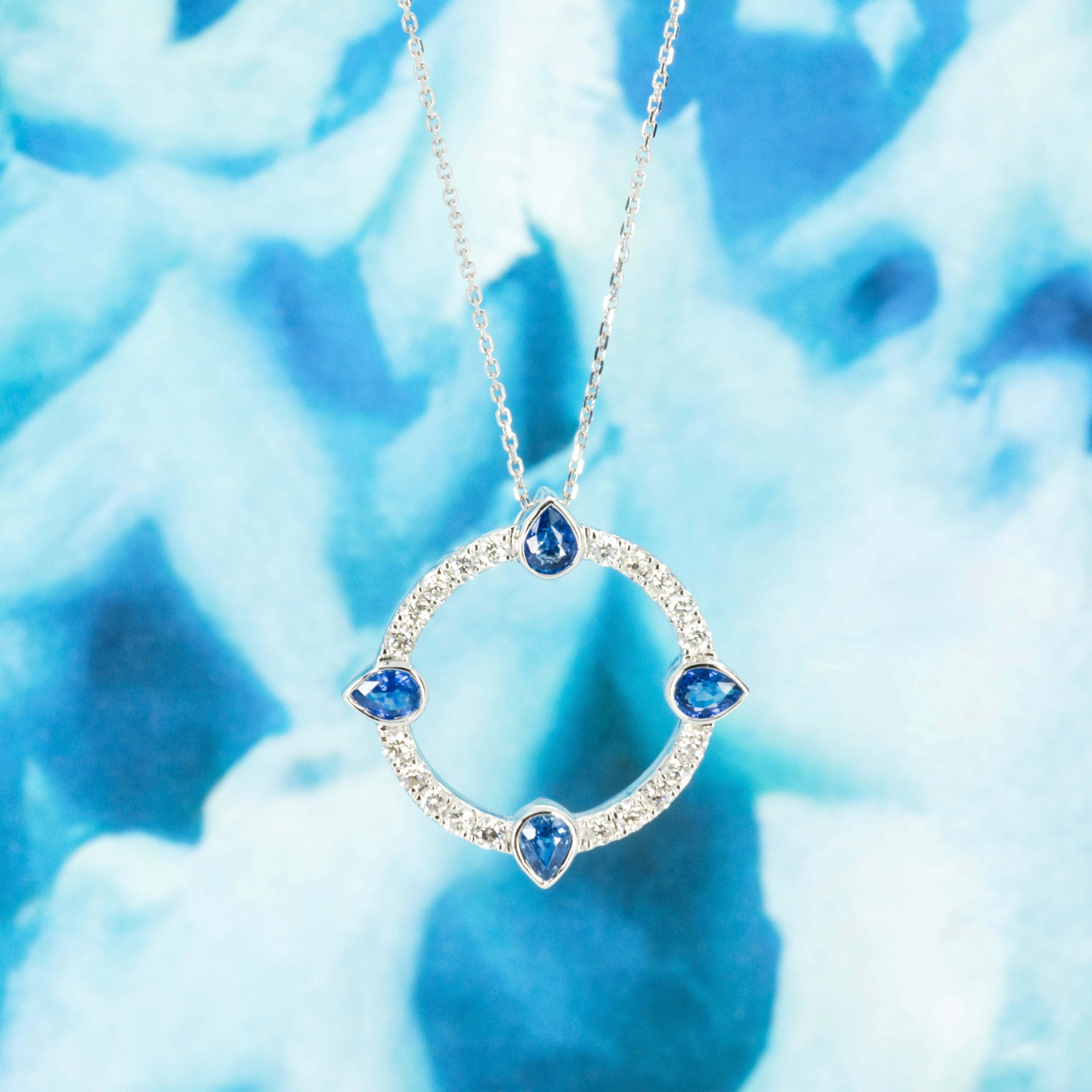 18ct White Gold Pear Cut Sapphire & Round Brilliant Cut Diamond Circle Pendant & Chain