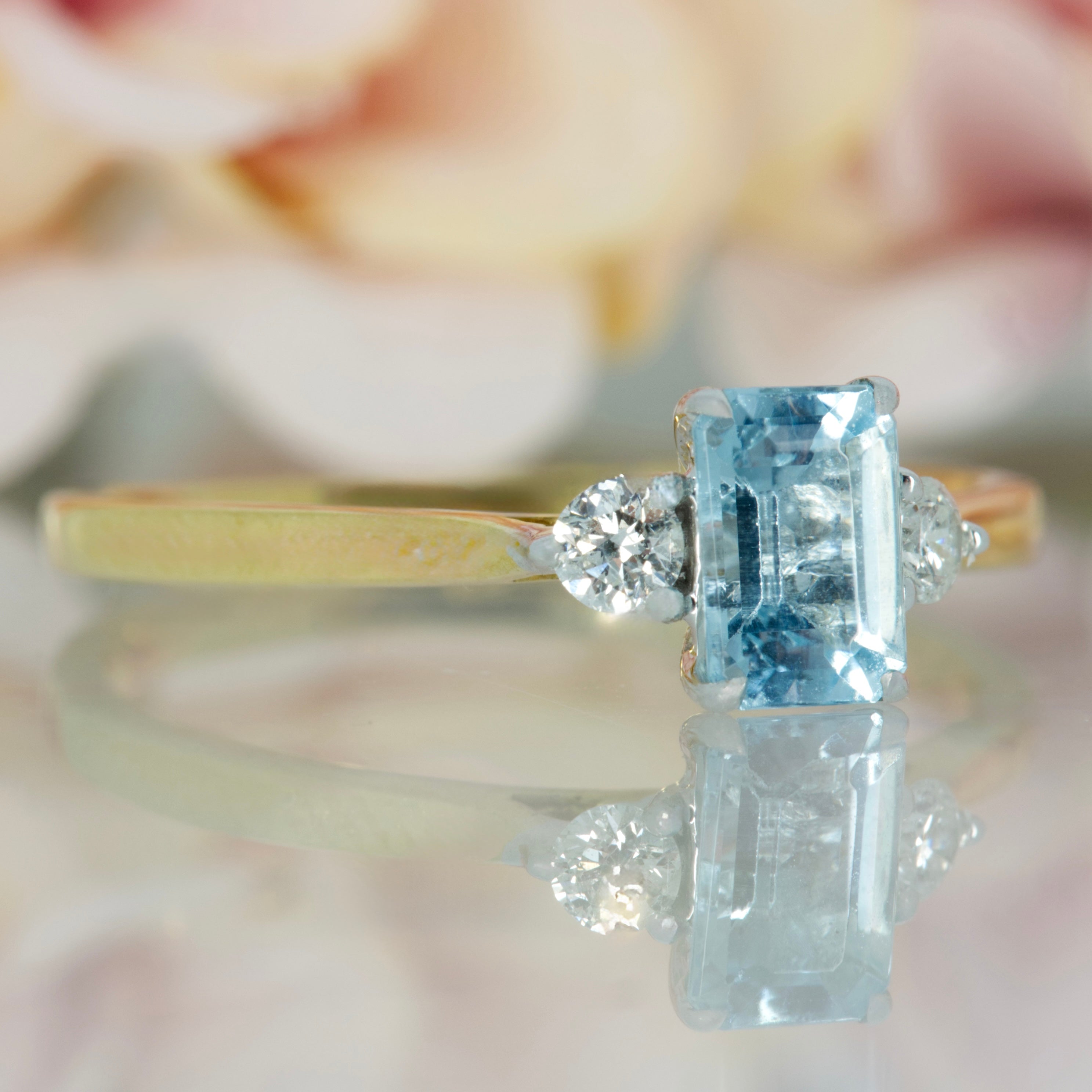 18ct Yellow Gold Octagonal Cut Aquamarine & Round Brilliant Cut Diamond Trilogy Ring