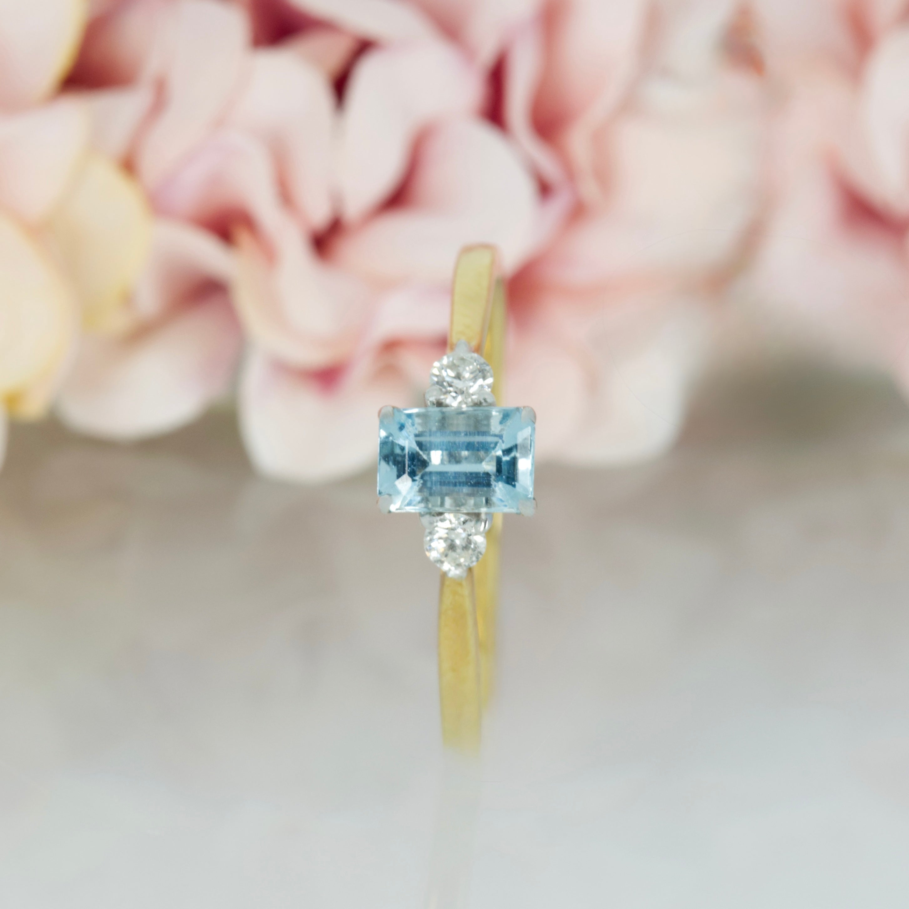 18ct Yellow Gold Octagonal Cut Aquamarine & Round Brilliant Cut Diamond Trilogy Ring