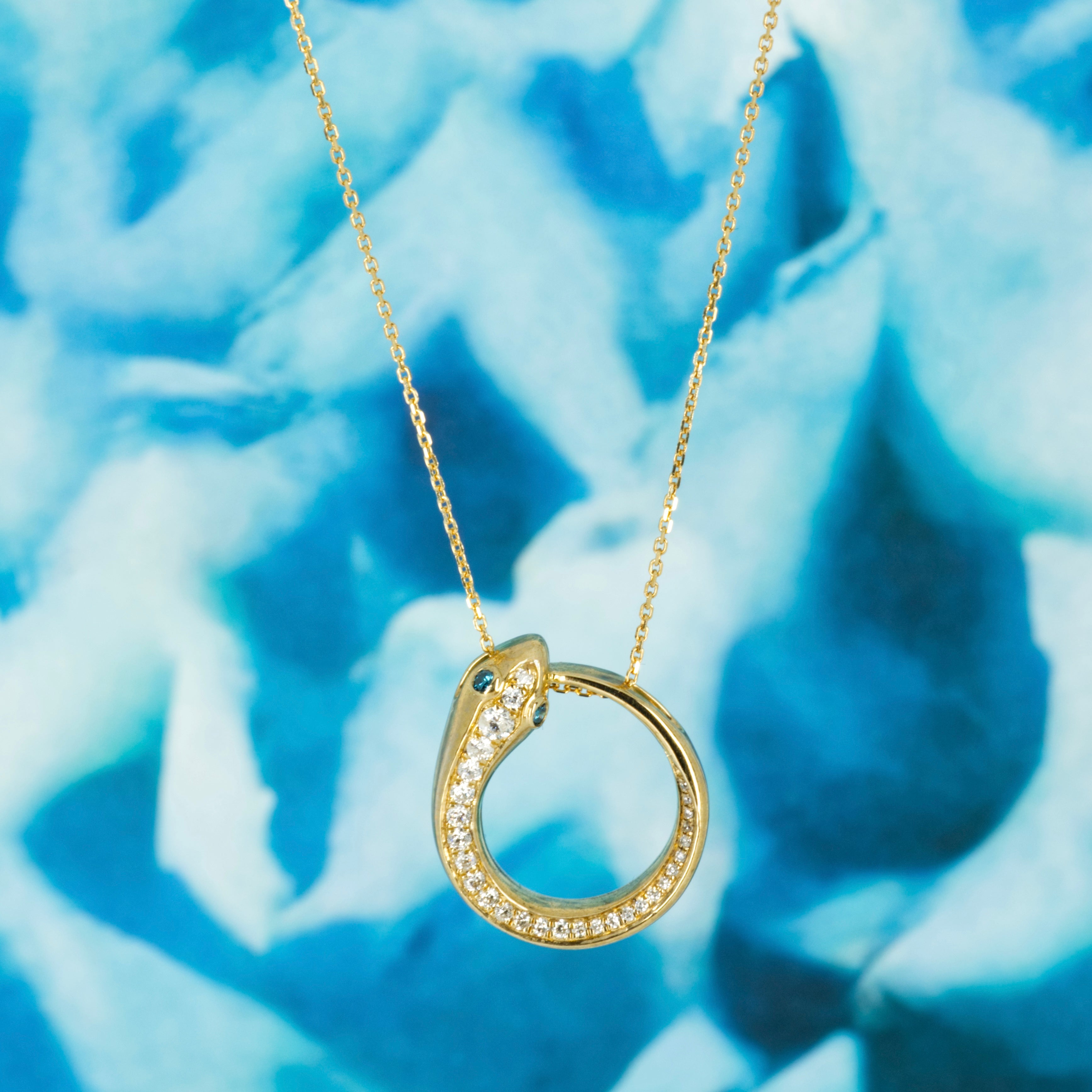 9ct Yellow Gold Round Brilliant Cut Diamond & Blue Diamond Snake Pendant & Chain