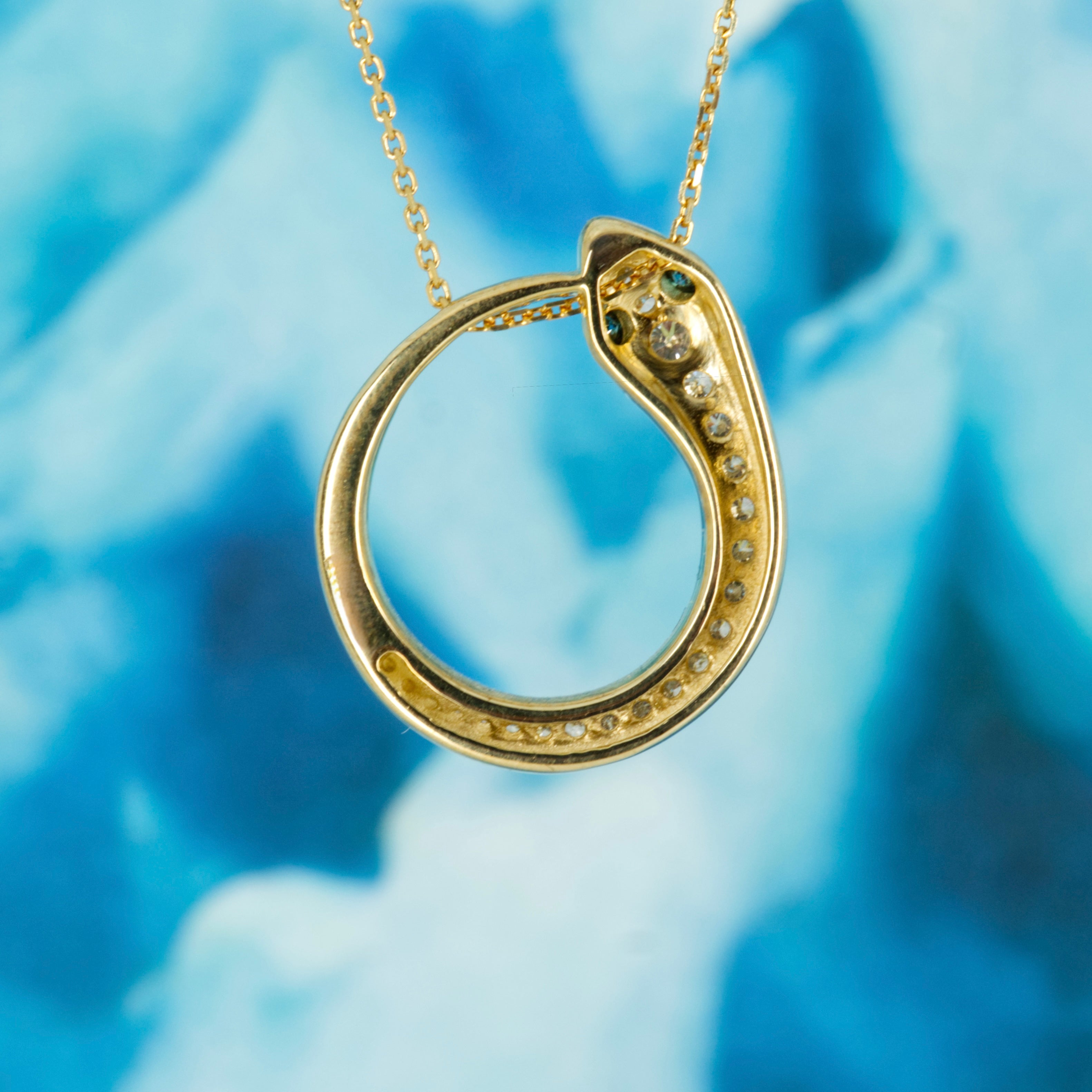9ct Yellow Gold Round Brilliant Cut Diamond & Blue Diamond Snake Pendant & Chain