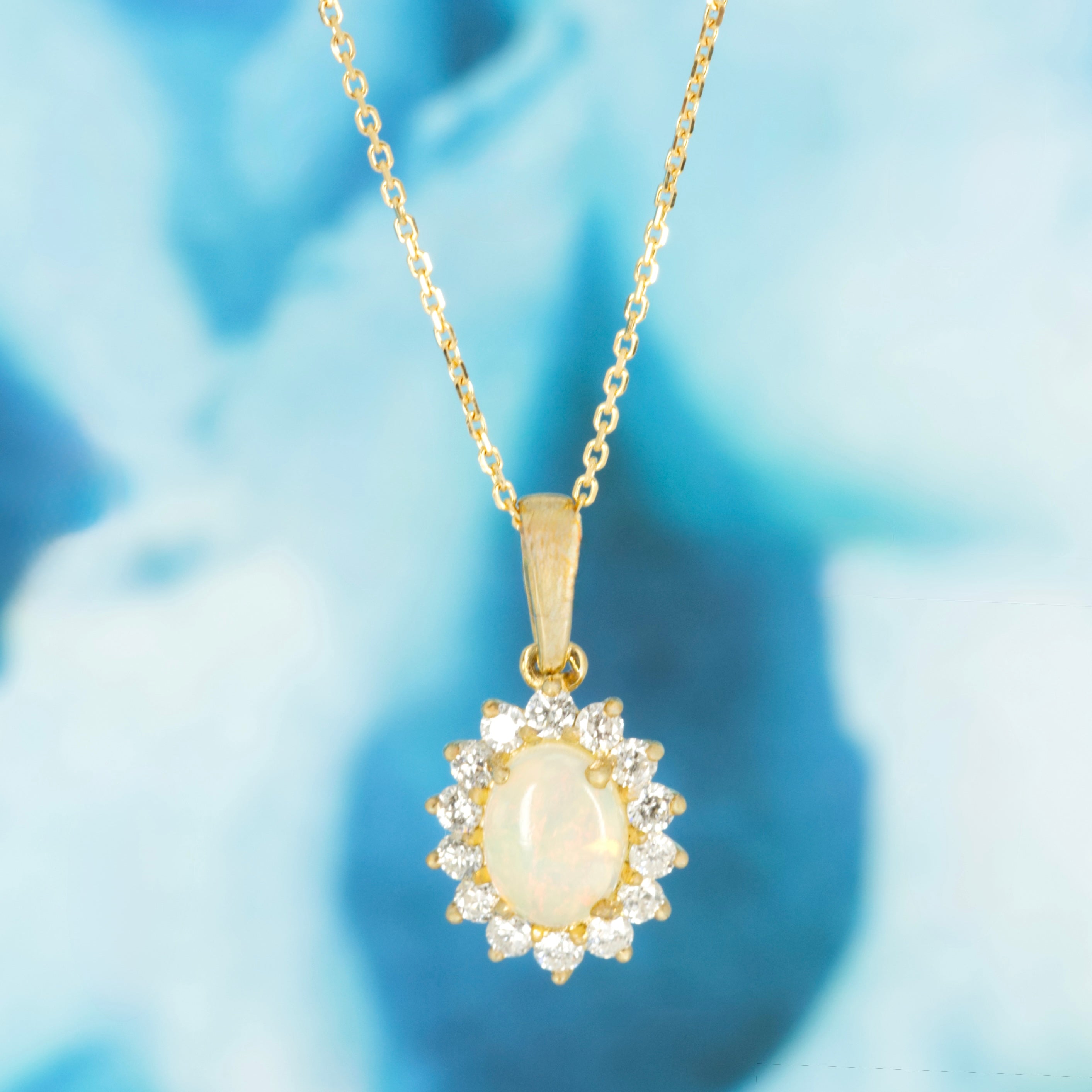 9ct Yellow Gold Oval Opal & Round Brilliant Cut Diamoond Cluster Pendant & Chain