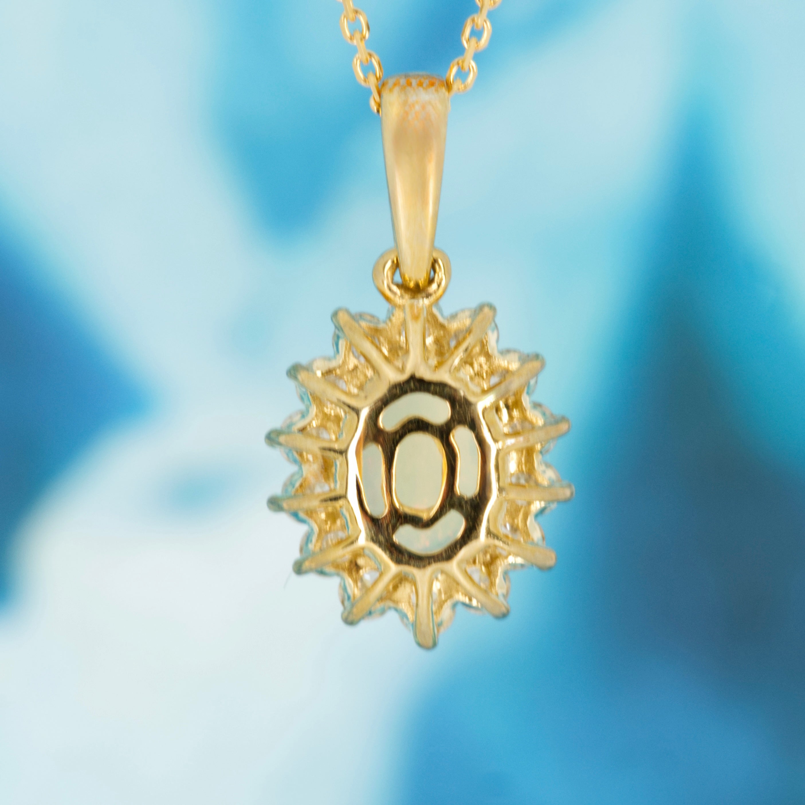 9ct Yellow Gold Oval Opal & Round Brilliant Cut Diamoond Cluster Pendant & Chain