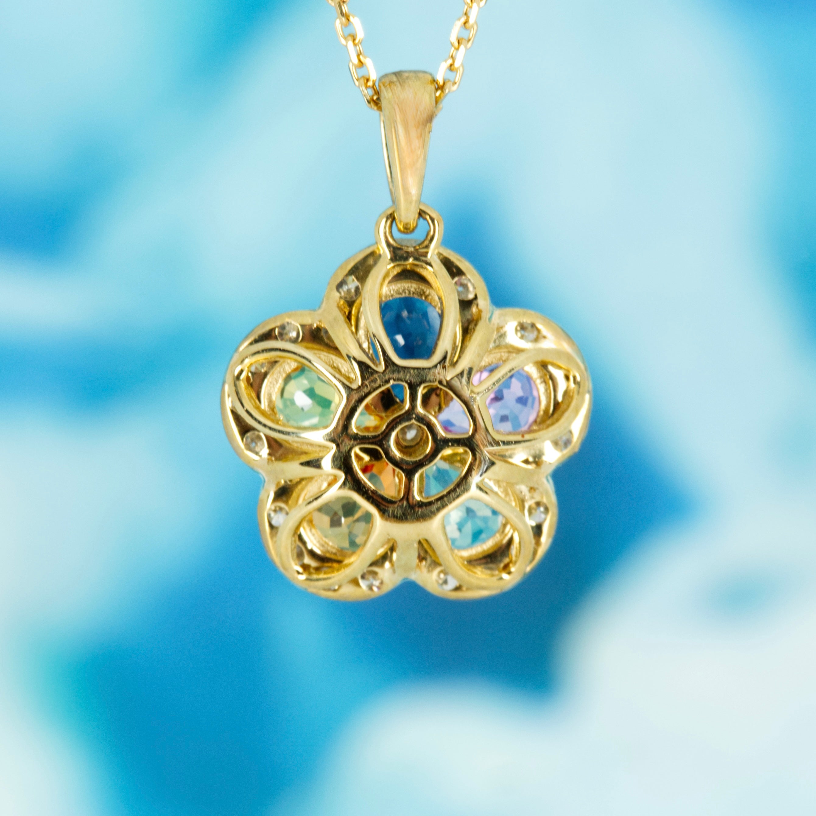 9ct Yellow Gold Multi-Coloured Sapphire & Round Brilliant Cut Diamond Pendant & Chain