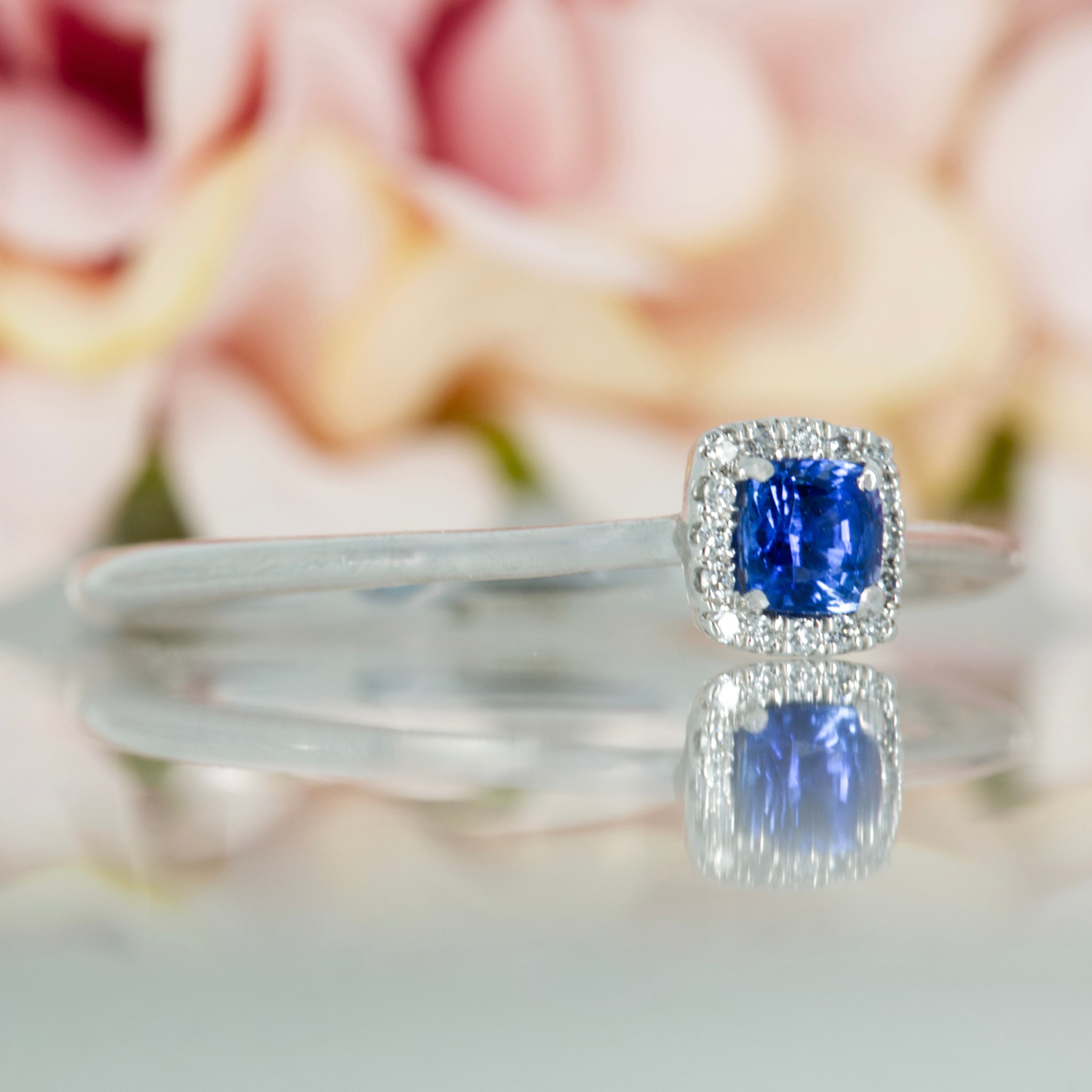 Platinum Cushion Cut Sapphire & Round Brilliant Cut Diamond Halo Cluster Ring