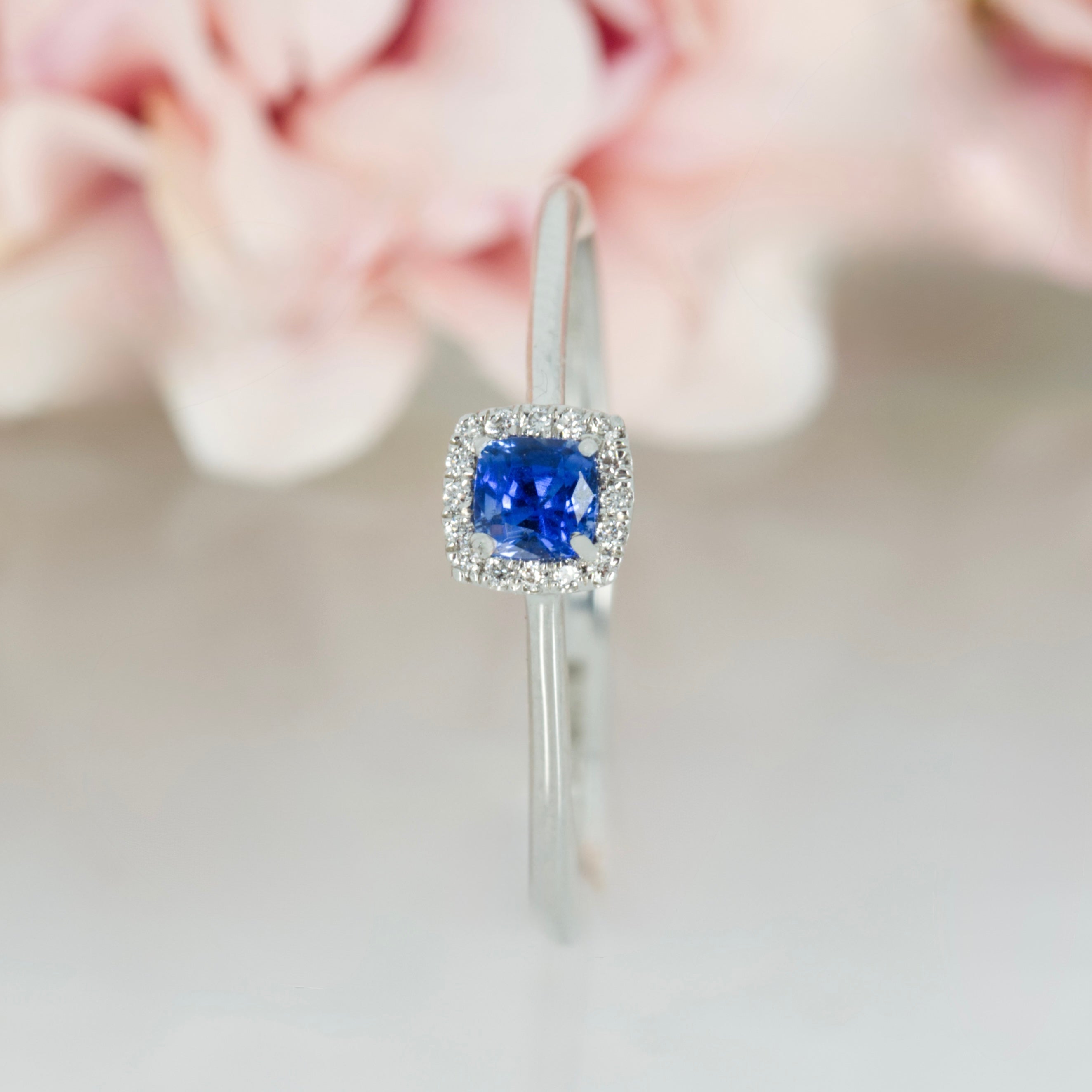 Platinum Cushion Cut Sapphire & Round Brilliant Cut Diamond Halo Cluster Ring