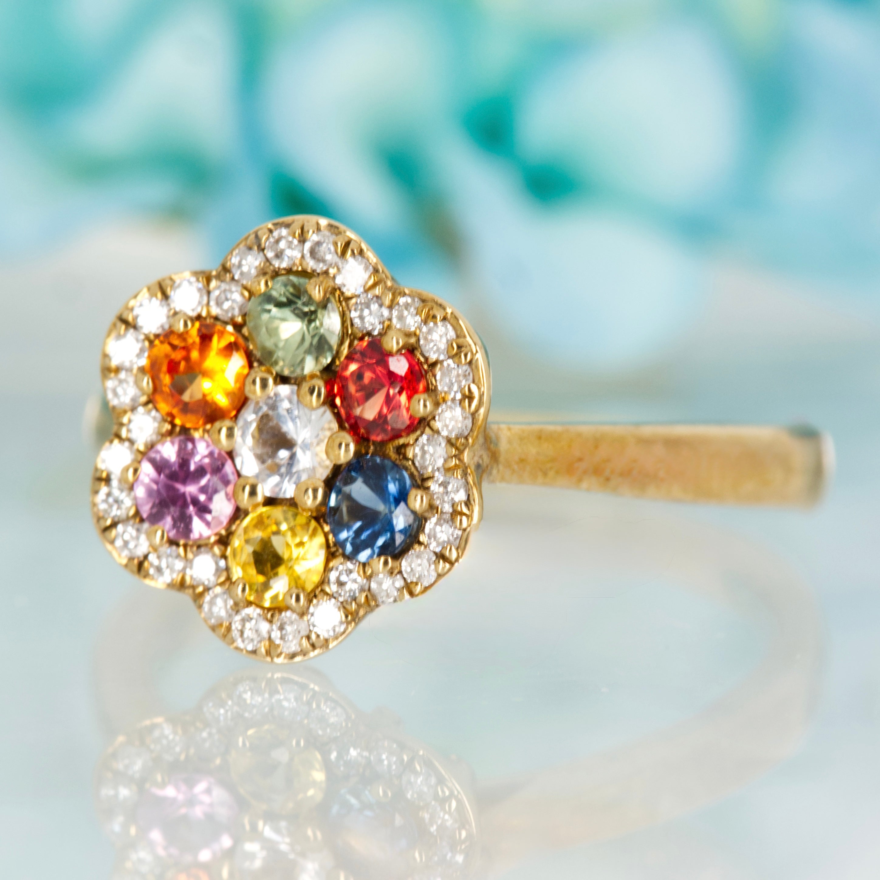 9ct Yellow Gold Round Cut Multi-Coloured Sapphire & Diamond Flower Cluster Ring