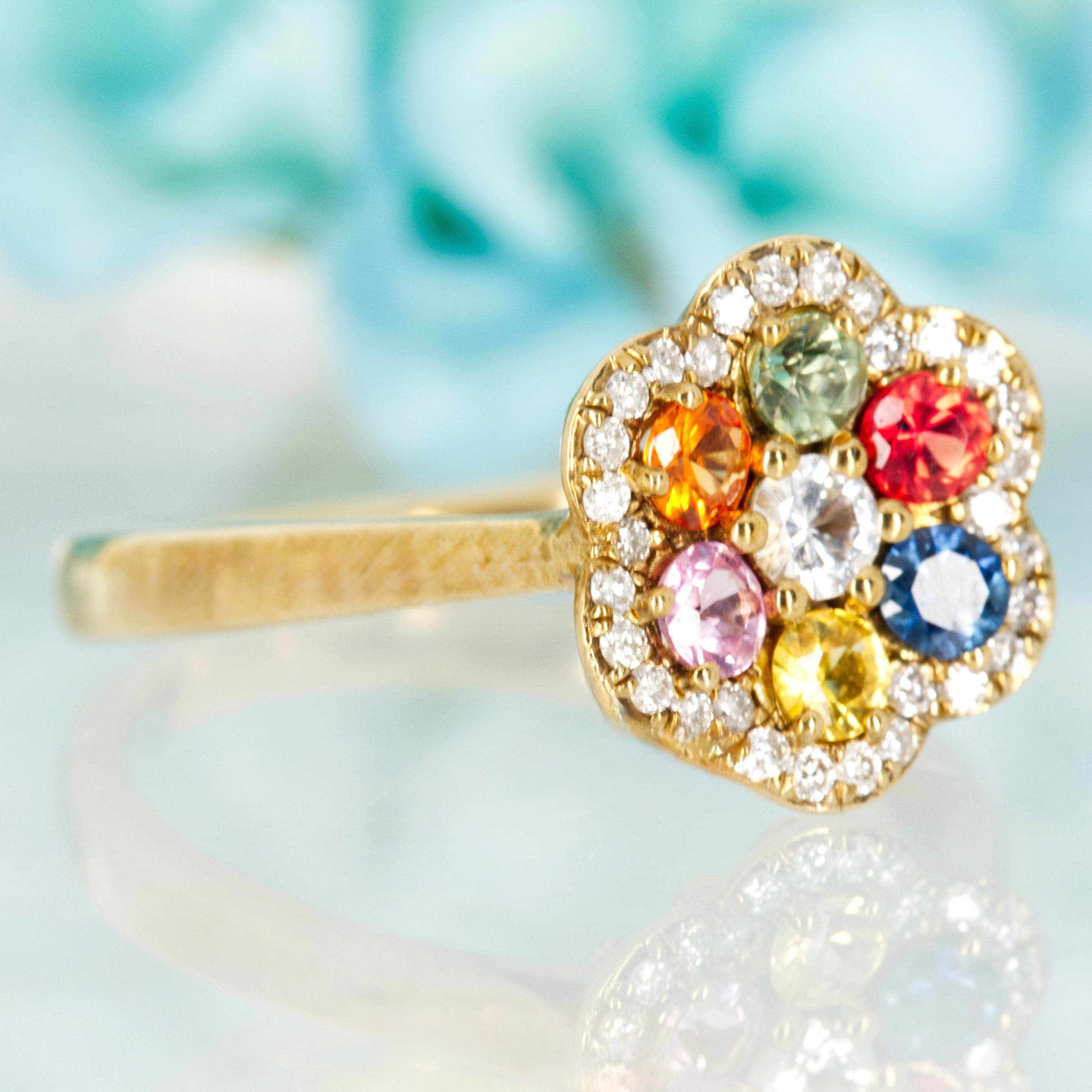 9ct Yellow Gold Round Cut Multi-Coloured Sapphire & Diamond Flower Cluster Ring