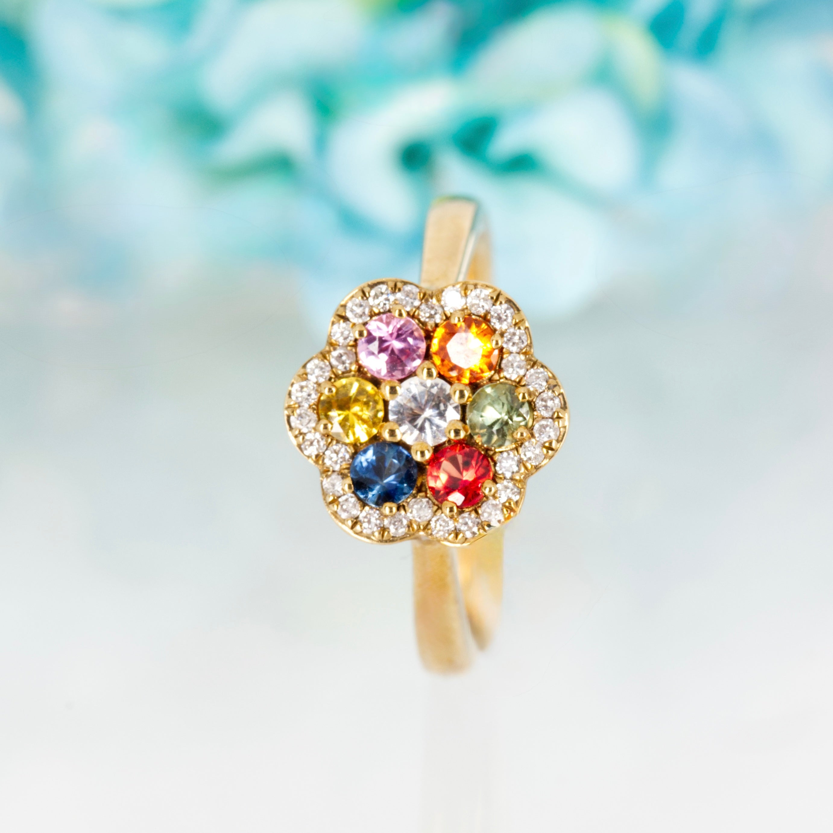 9ct Yellow Gold Round Cut Multi-Coloured Sapphire & Diamond Flower Cluster Ring
