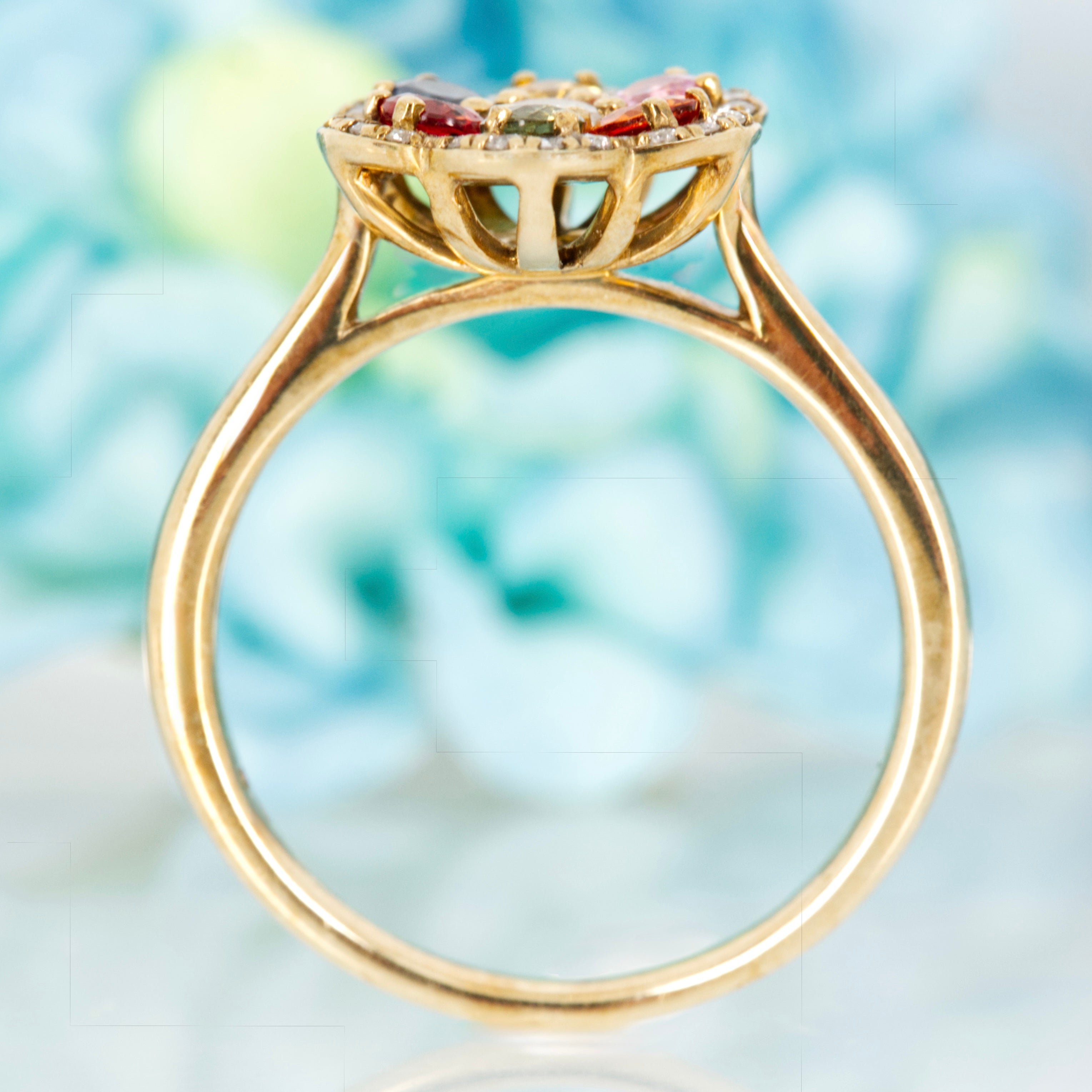 9ct Yellow Gold Round Cut Multi-Coloured Sapphire & Diamond Flower Cluster Ring