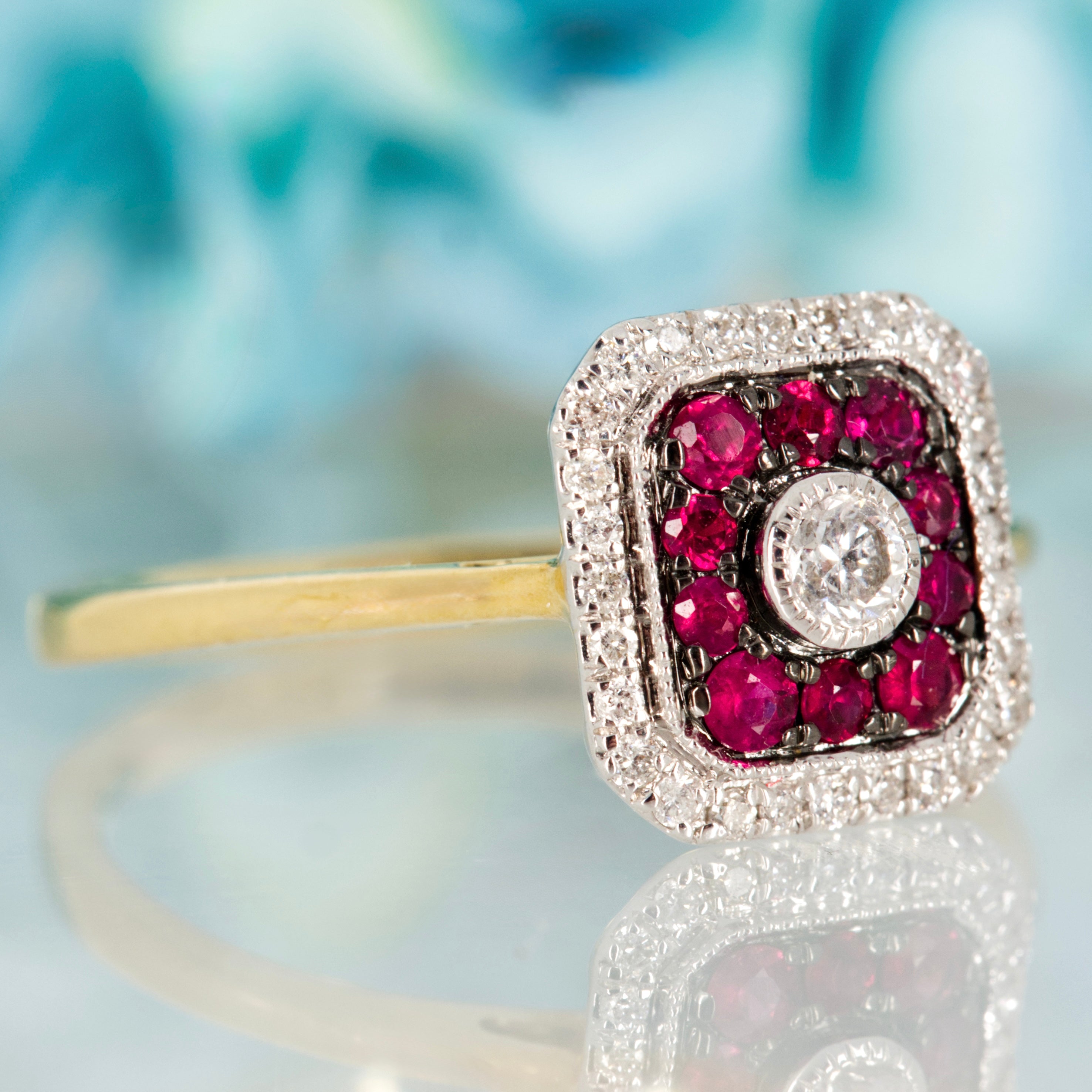 18ct Yellow Gold Round Cut Ruby & Diamond Square Cluster Ring