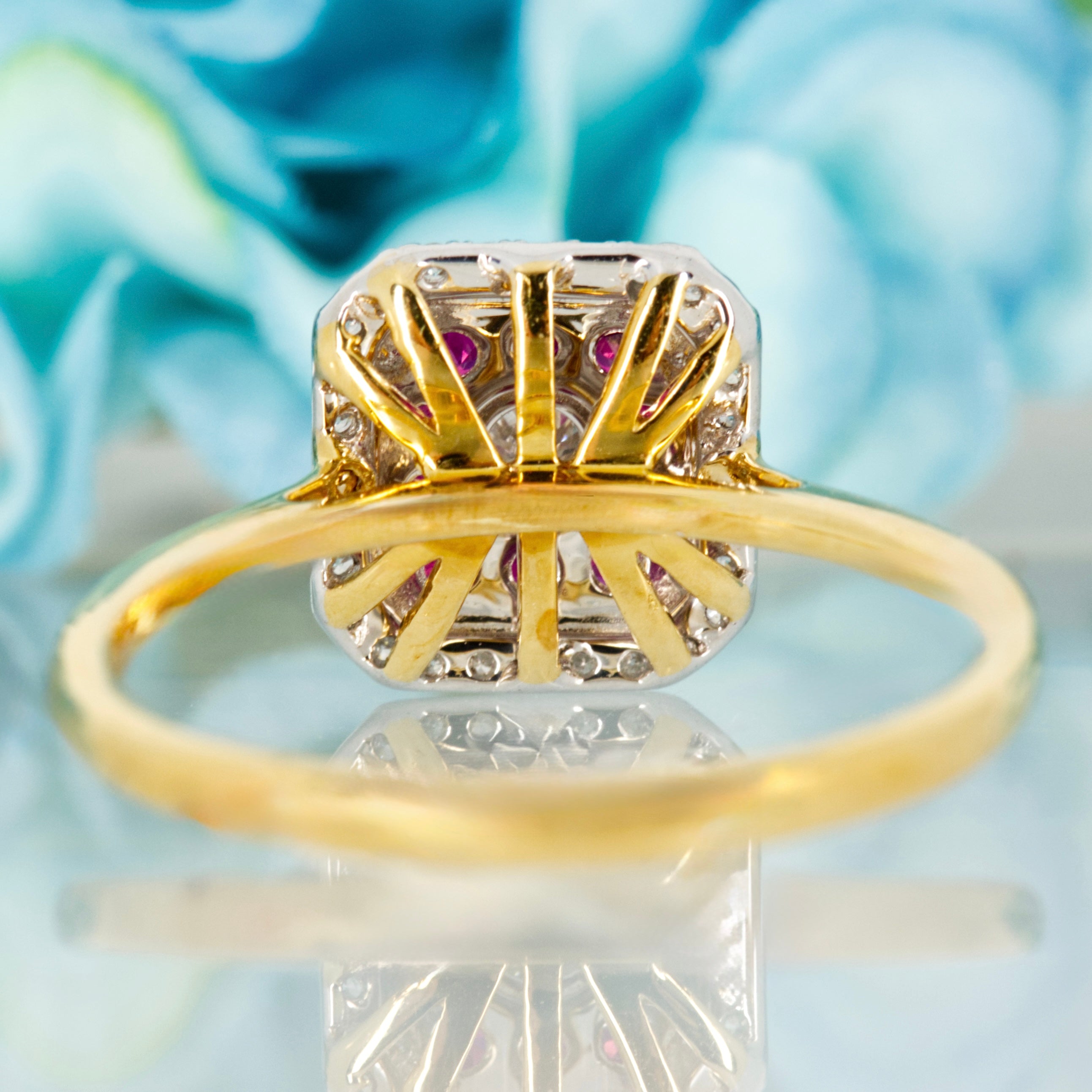 18ct Yellow Gold Round Cut Ruby & Diamond Square Cluster Ring