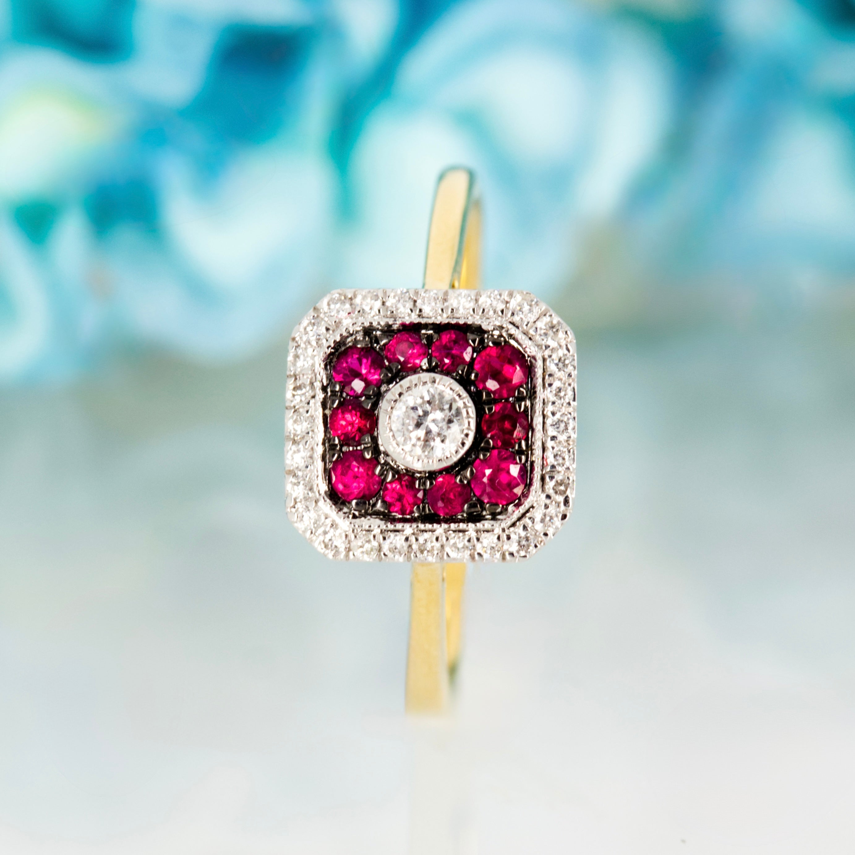 18ct Yellow Gold Round Cut Ruby & Diamond Square Cluster Ring