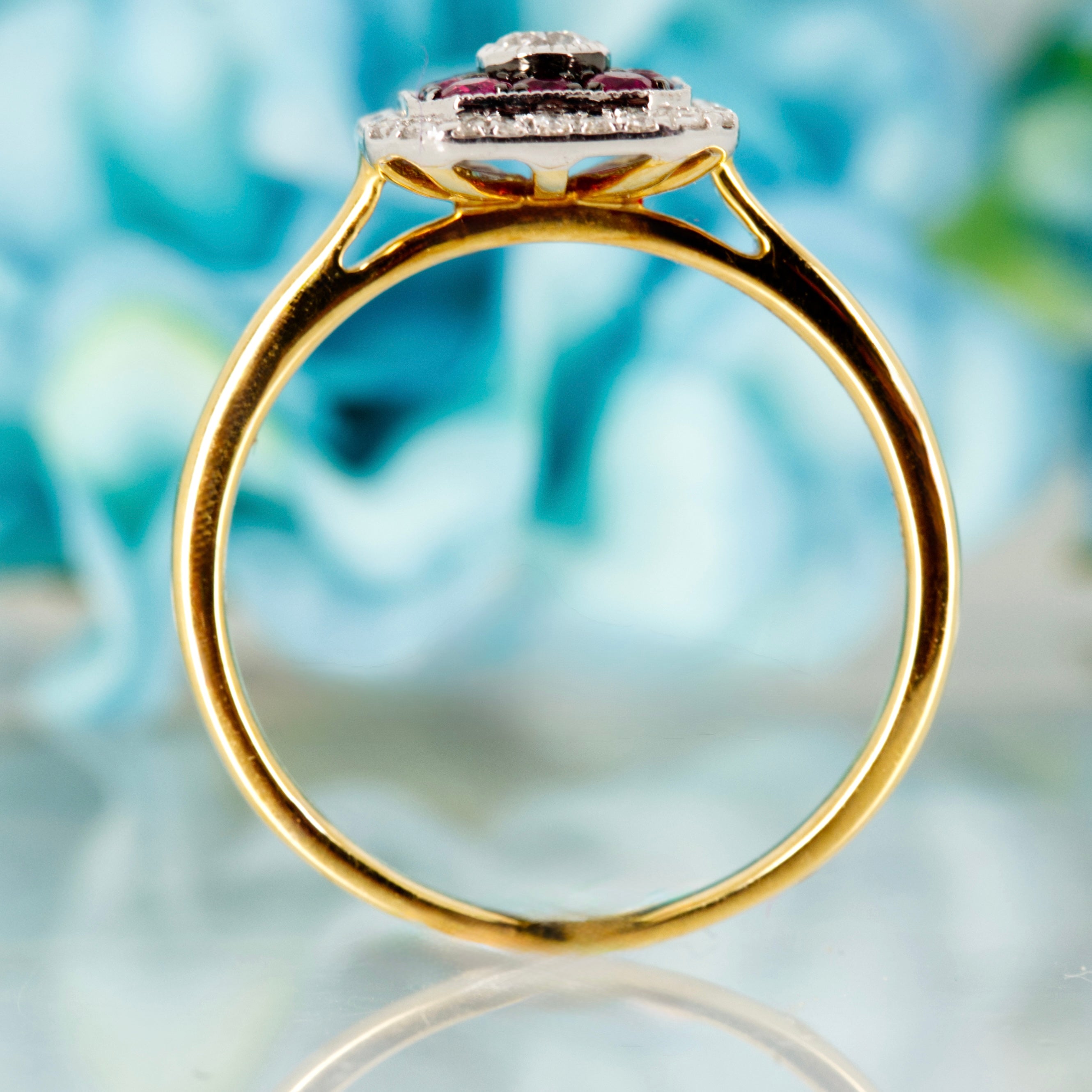 18ct Yellow Gold Round Cut Ruby & Diamond Square Cluster Ring