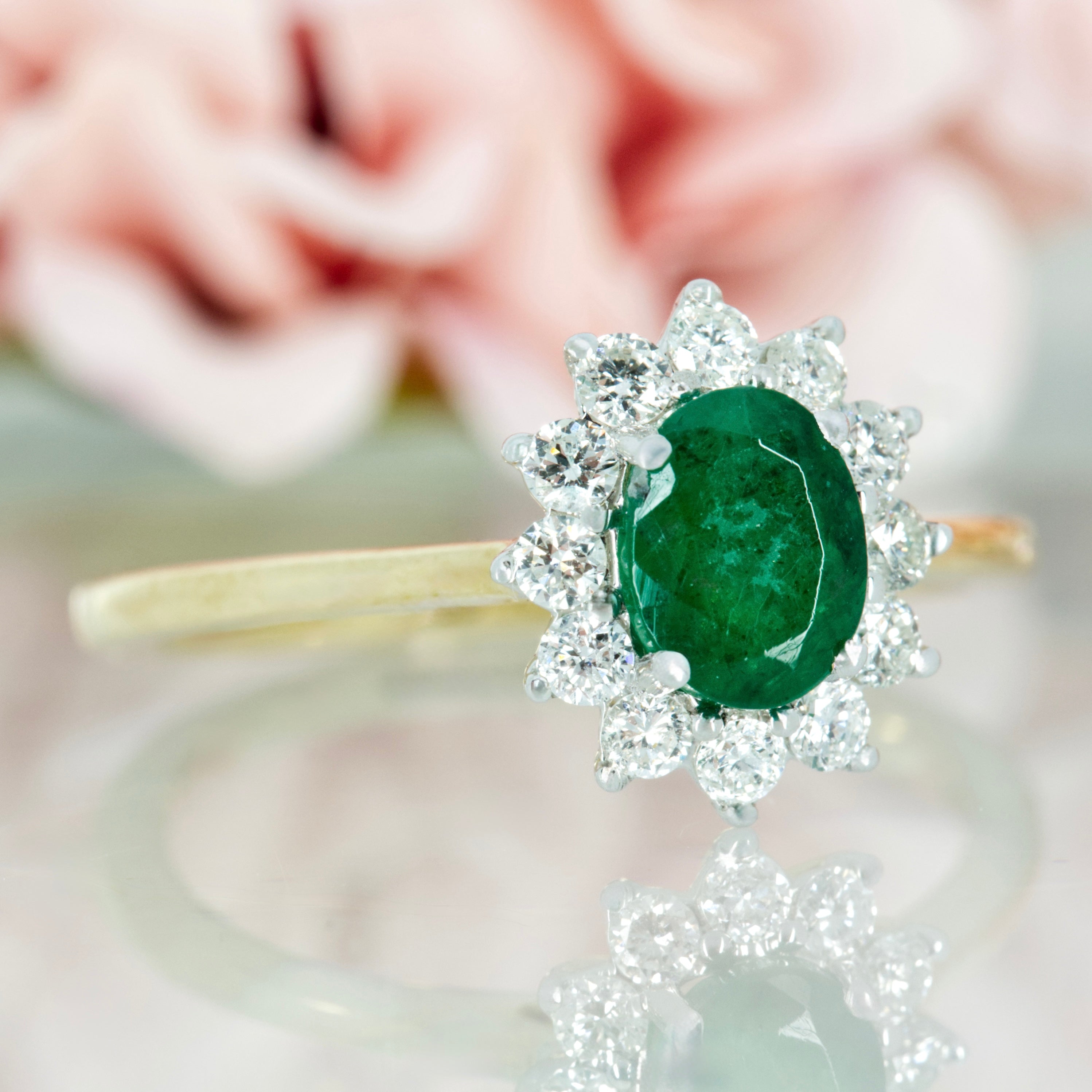 9ct Yellow Gold Oval Cut Emerald & Round Brilliant Cut Diamond Cluster Ring