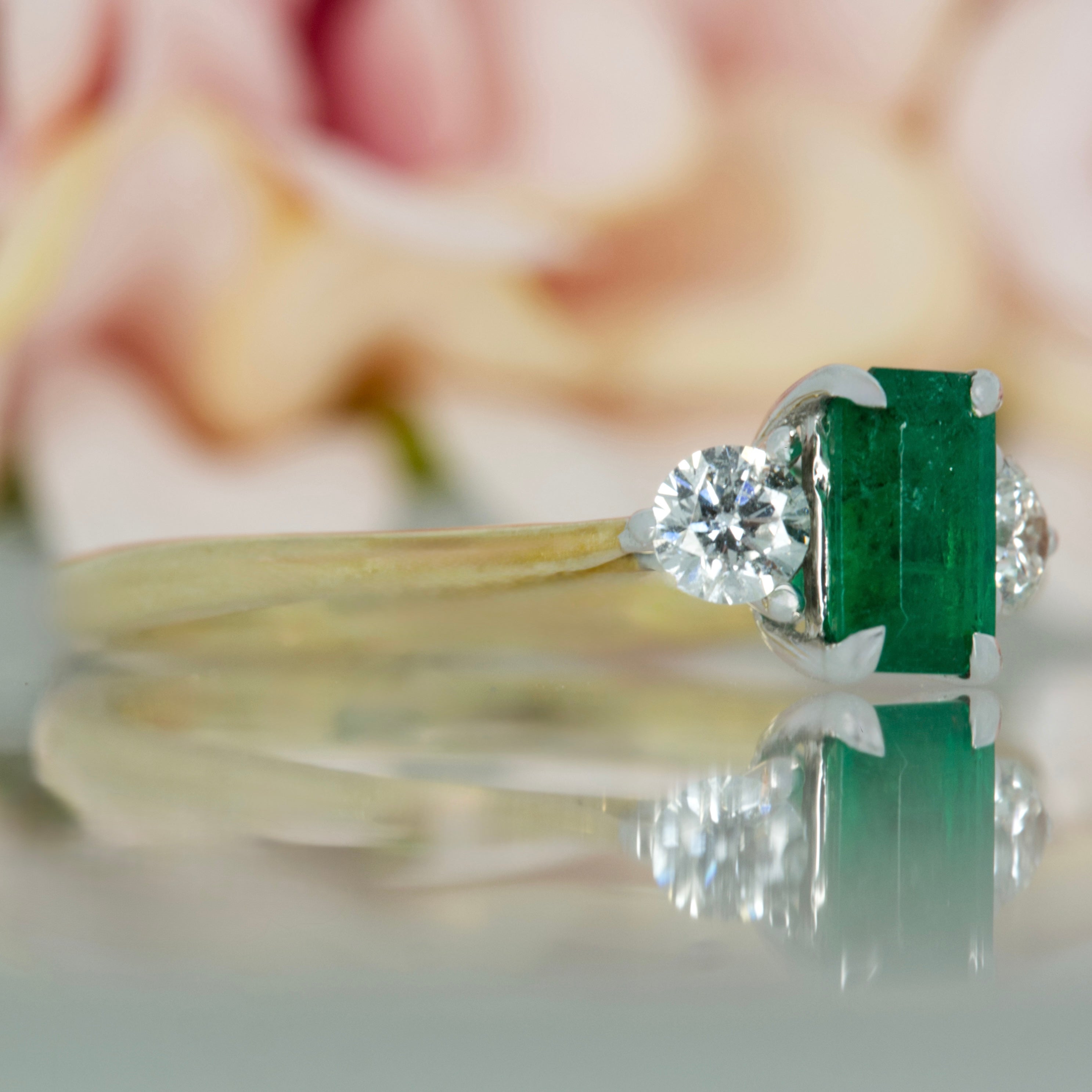 9ct Yellow Gold Octagonal Cut Emerald & Round Brilliant Cut Diamond Trilogy Ring