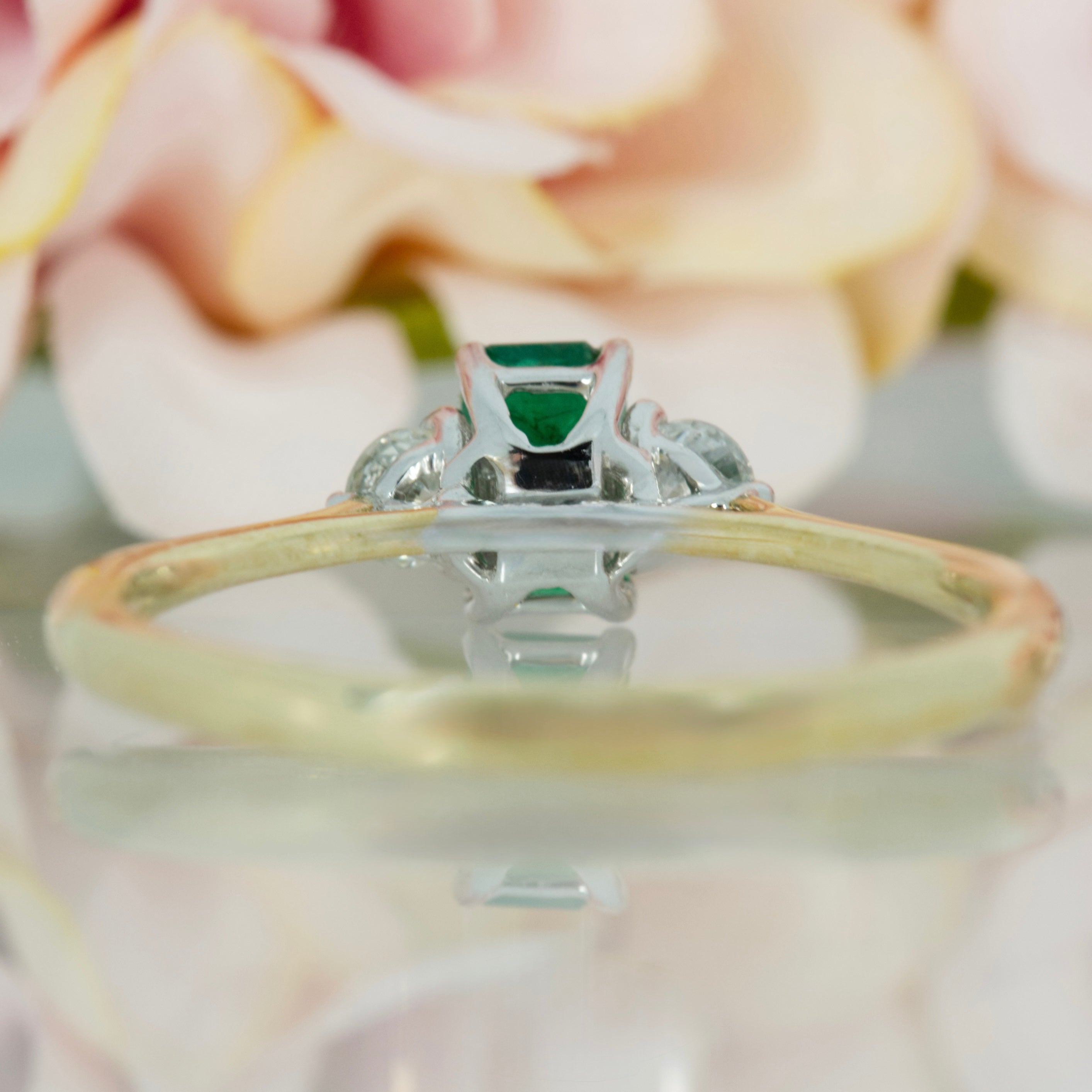 9ct Yellow Gold Octagonal Cut Emerald & Round Brilliant Cut Diamond Trilogy Ring
