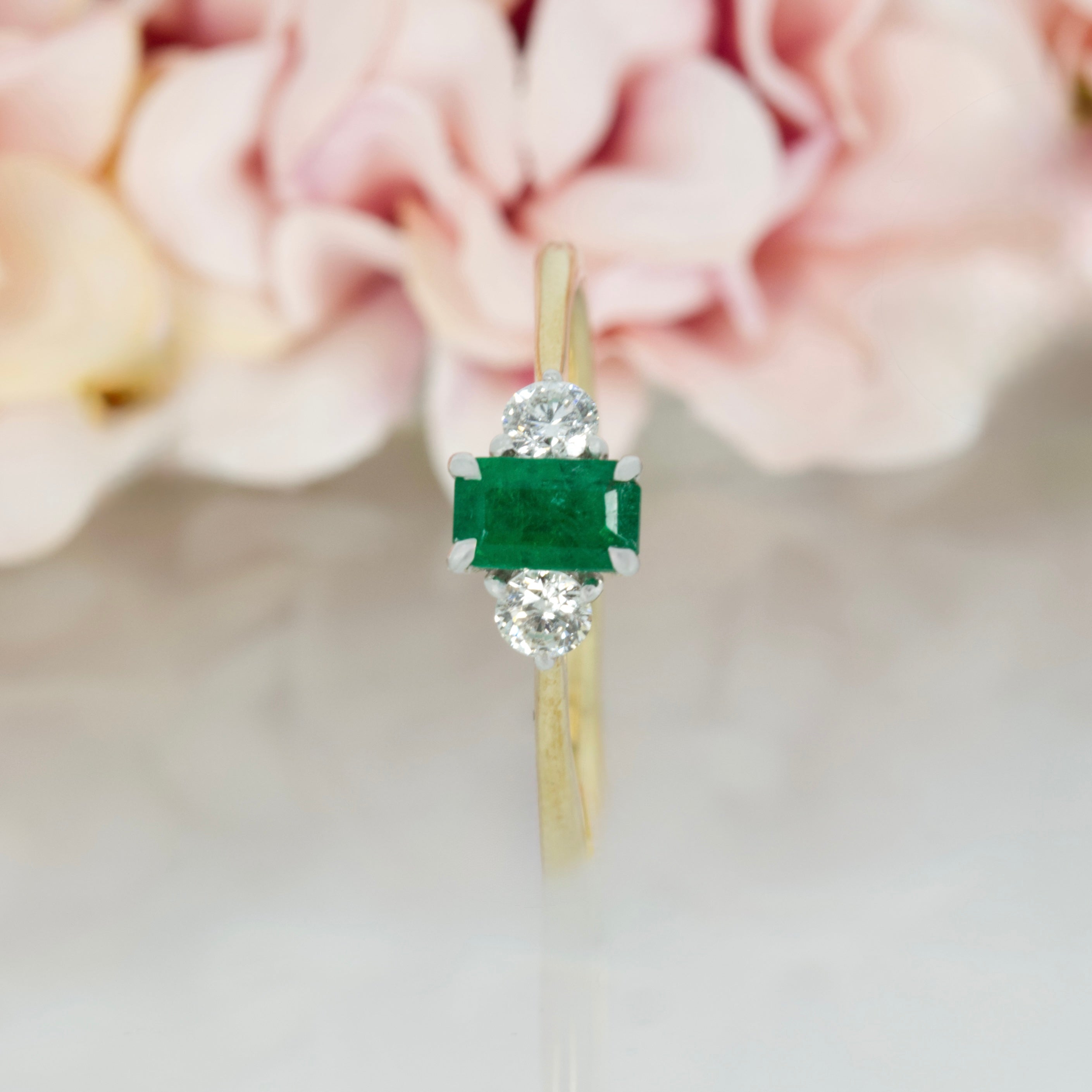 9ct Yellow Gold Octagonal Cut Emerald & Round Brilliant Cut Diamond Trilogy Ring