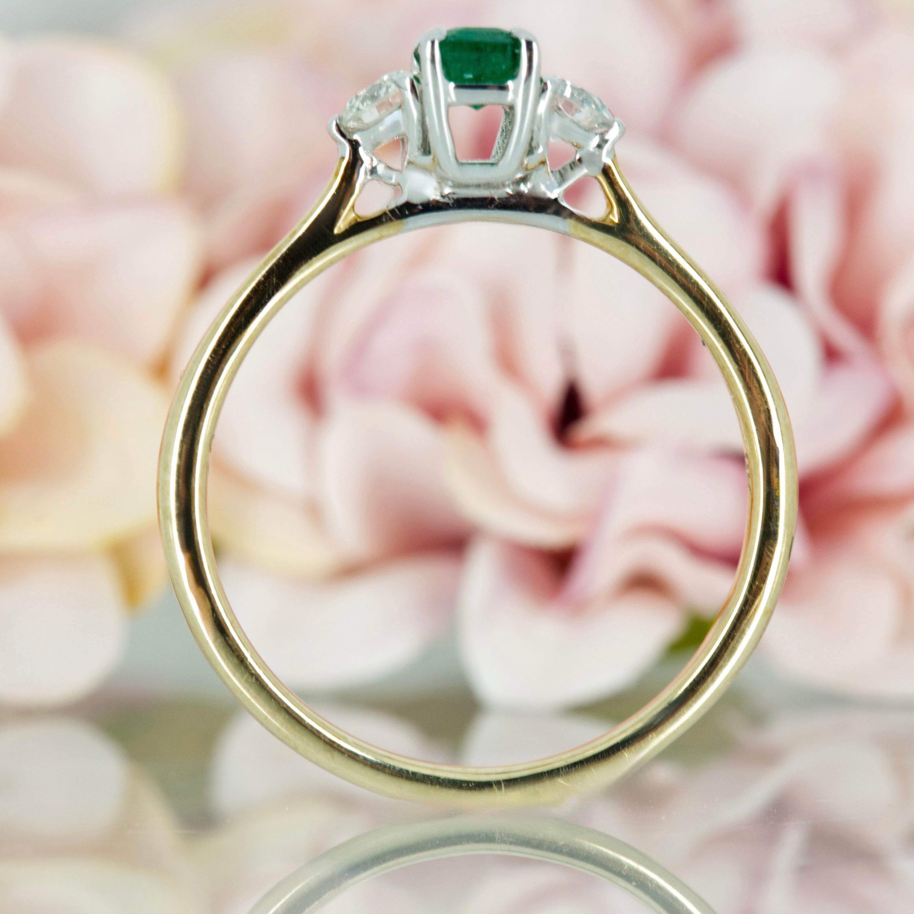 9ct Yellow Gold Octagonal Cut Emerald & Round Brilliant Cut Diamond Trilogy Ring