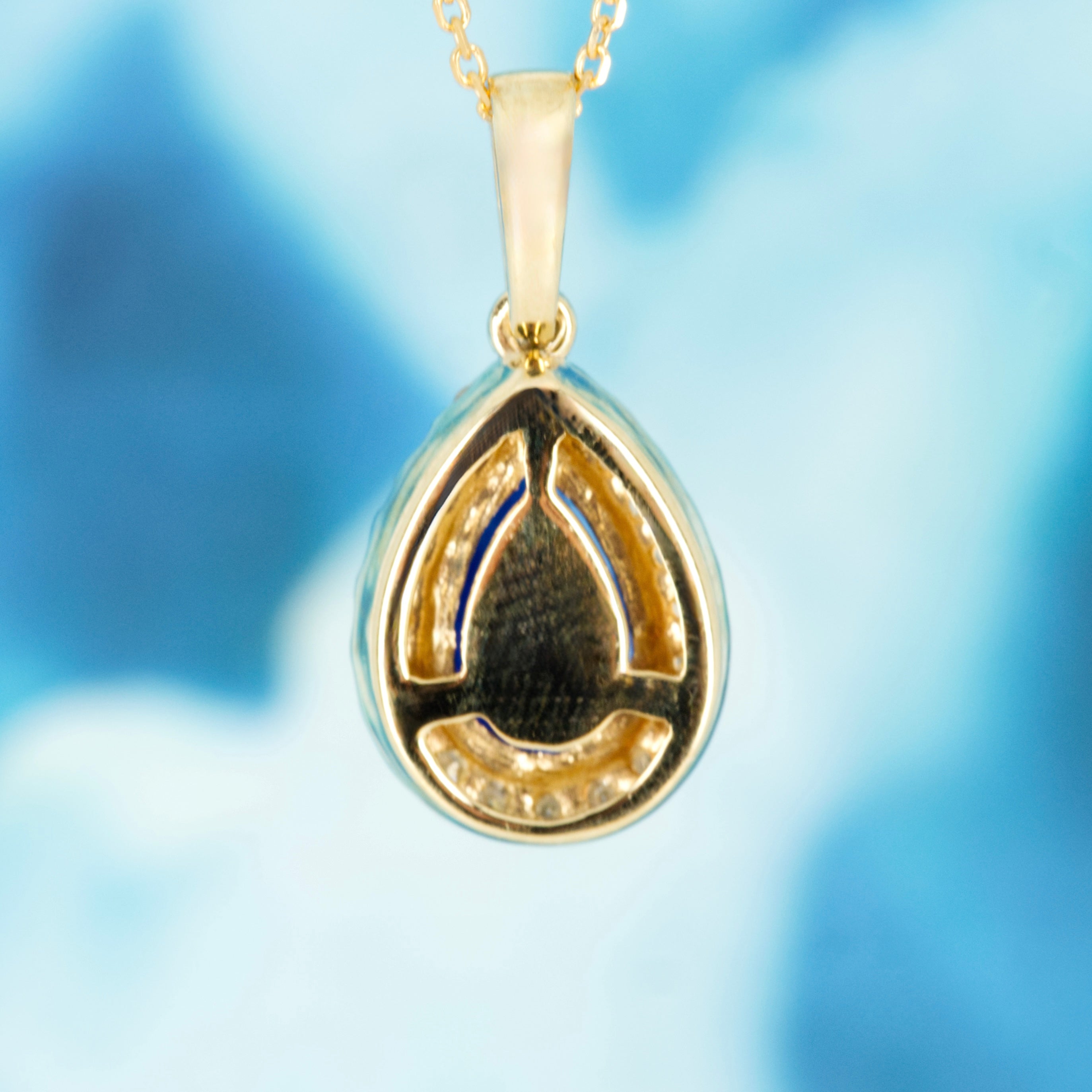 9ct Yellow Gold Pear Cut Sapphire & Round Brilliant Cut Diamond Halo Cluster Pendant & Chain
