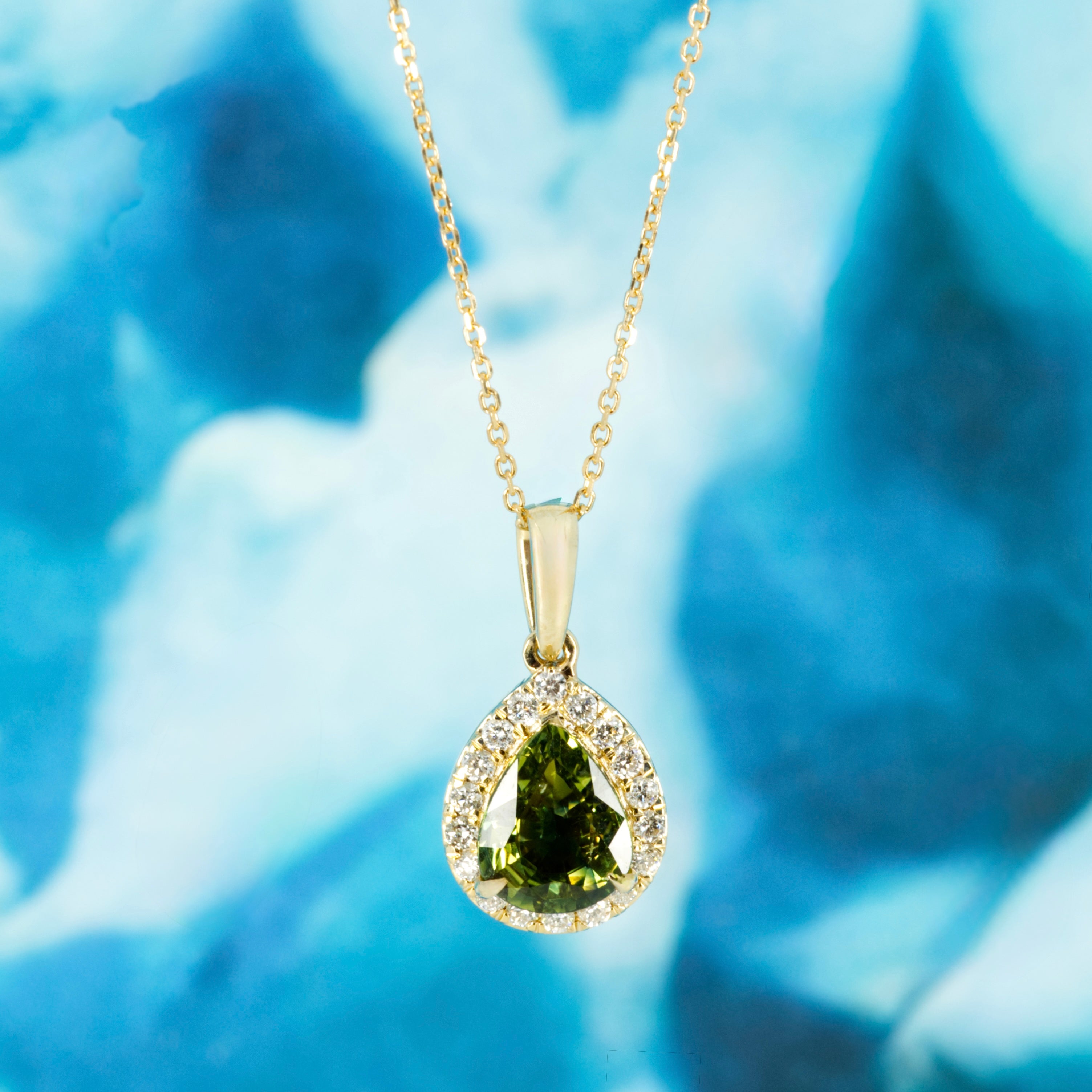 9ct Yellow Gold Pear Cut Green Sapphire & Round Brilliant Cut Diamond Halo Cluster Pendant & Chain