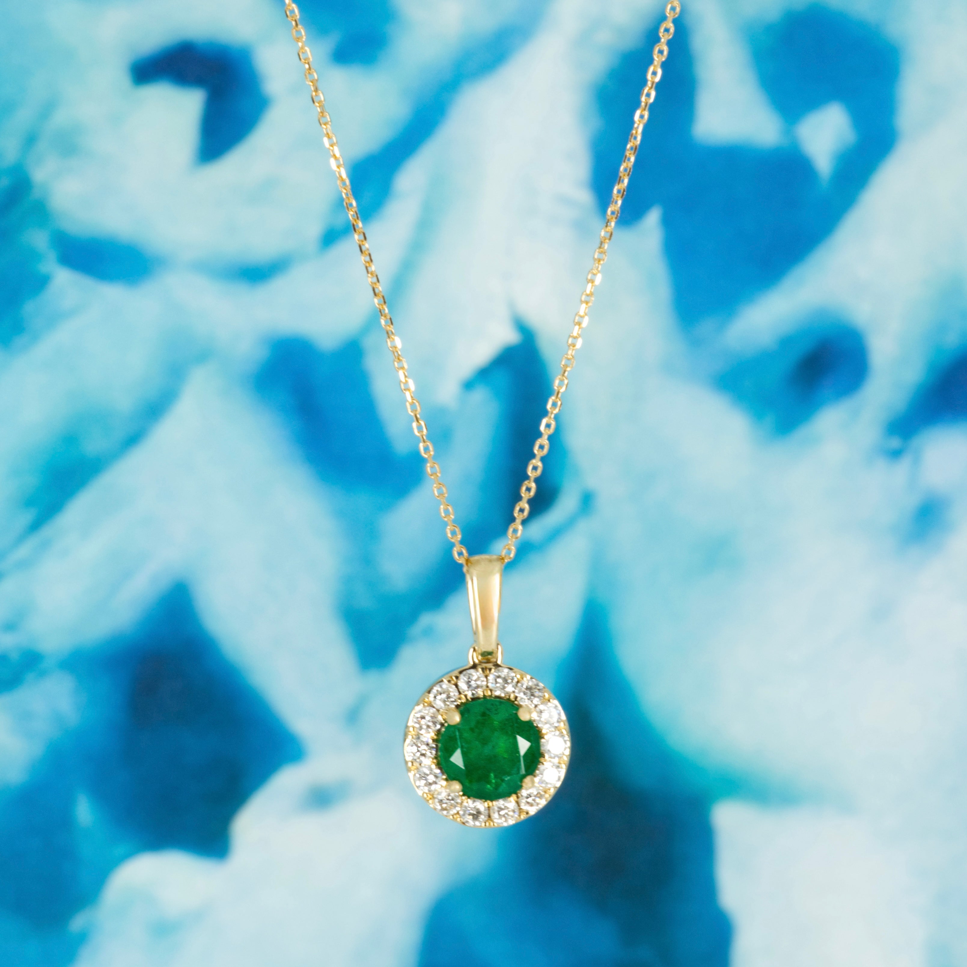 9ct Yellow Gold Round Cut Emerald & Round Brilliant Cut Diamond Halo Cluster Pendant & Chain