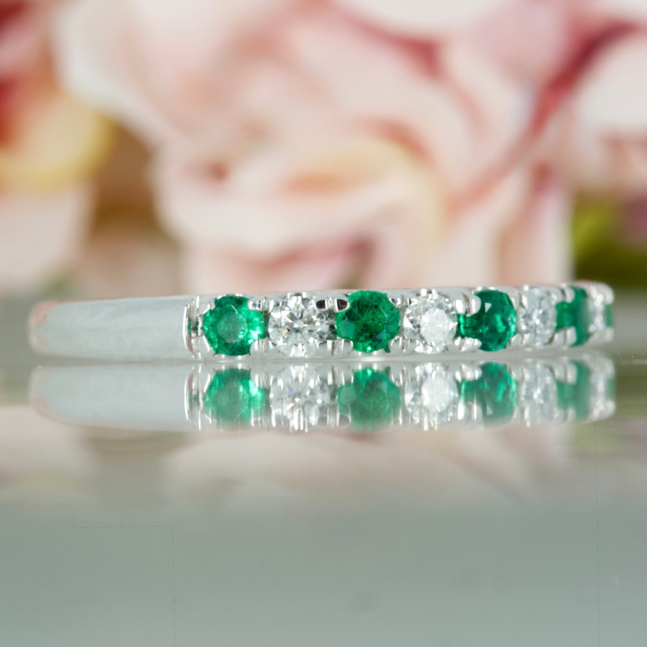 Platinum Round Cut Emerald & Round Brilliant Cut Diamond Claw Set Half Eternity Ring