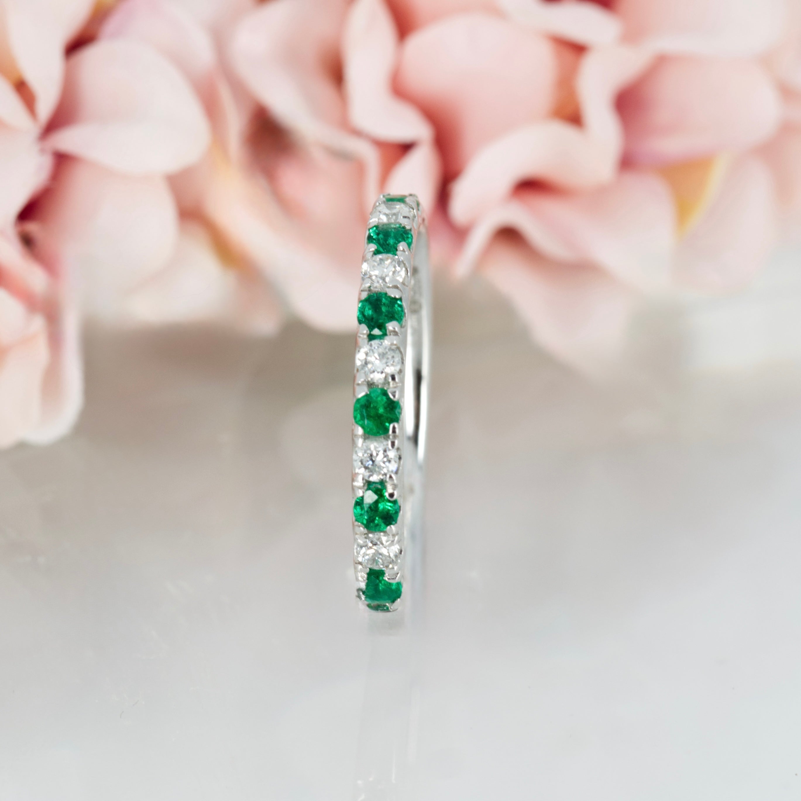 Platinum Round Cut Emerald & Round Brilliant Cut Diamond Claw Set Half Eternity Ring