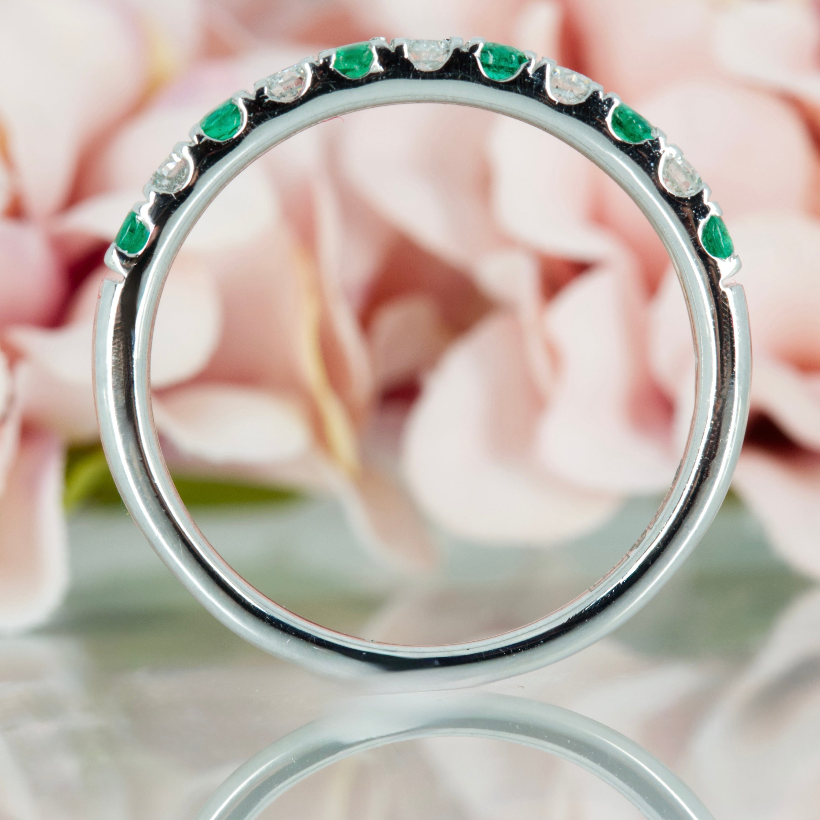 Platinum Round Cut Emerald & Round Brilliant Cut Diamond Claw Set Half Eternity Ring