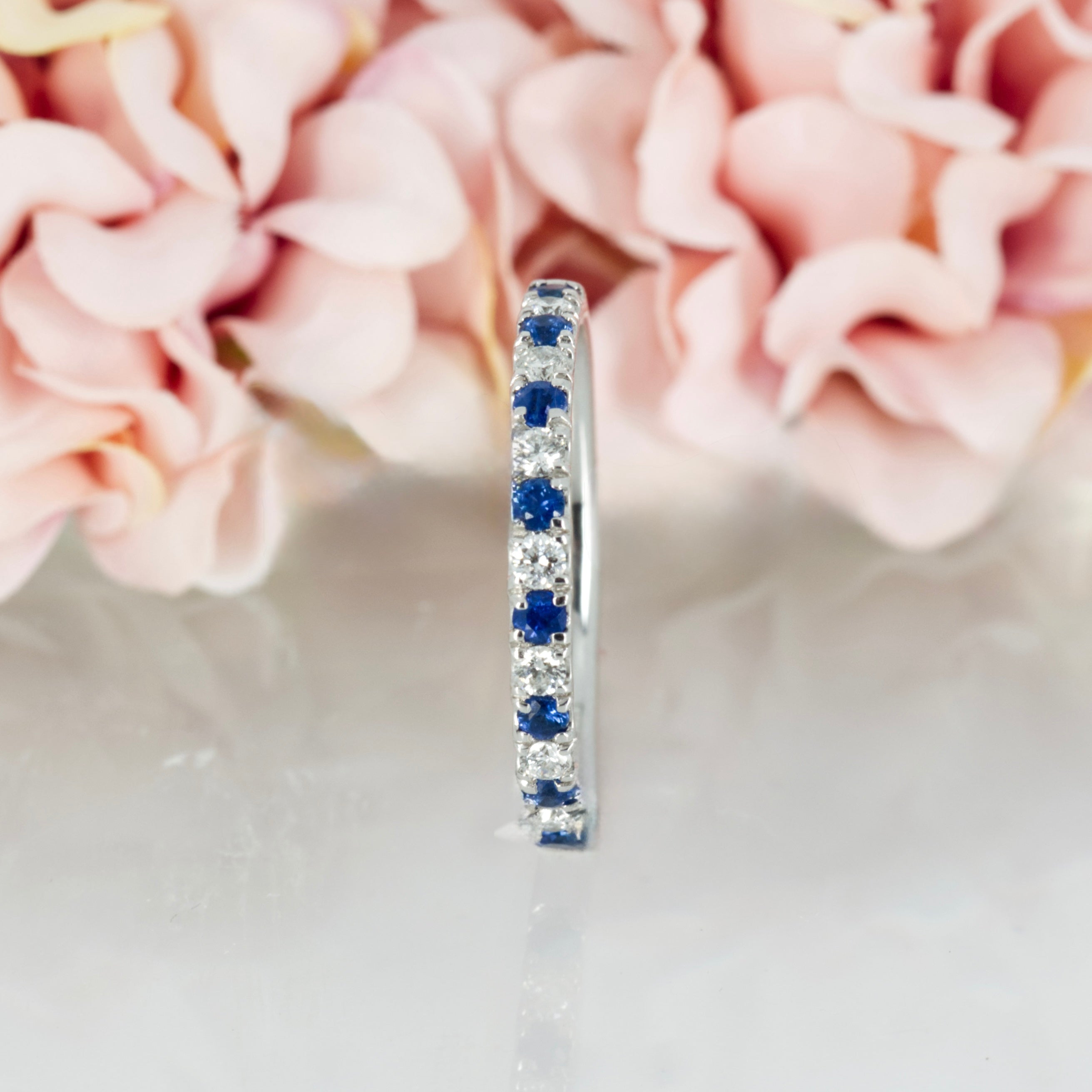 Platinum Round Cut Sapphire & Round Brilliant Cut Diamond Claw Set Half Eternity Ring