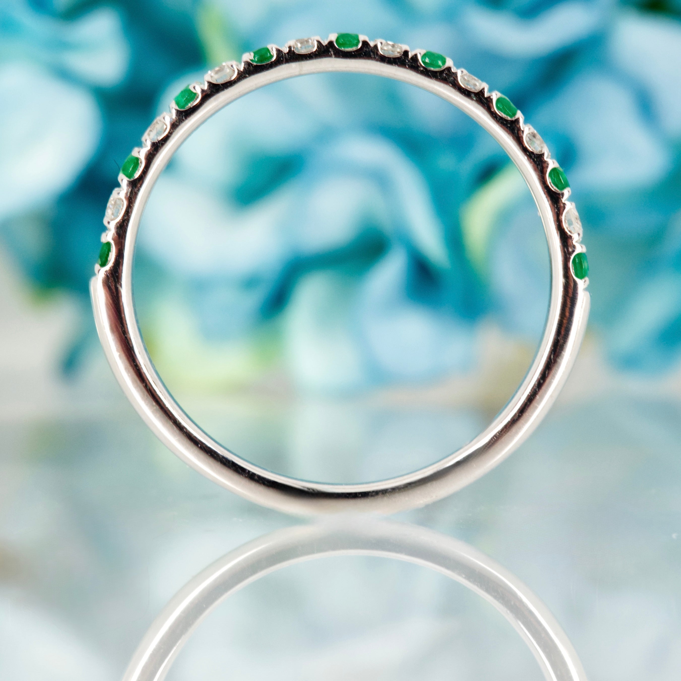Platinum Round Cut Emerald & Diamond Claw Set Half Eternity Ring