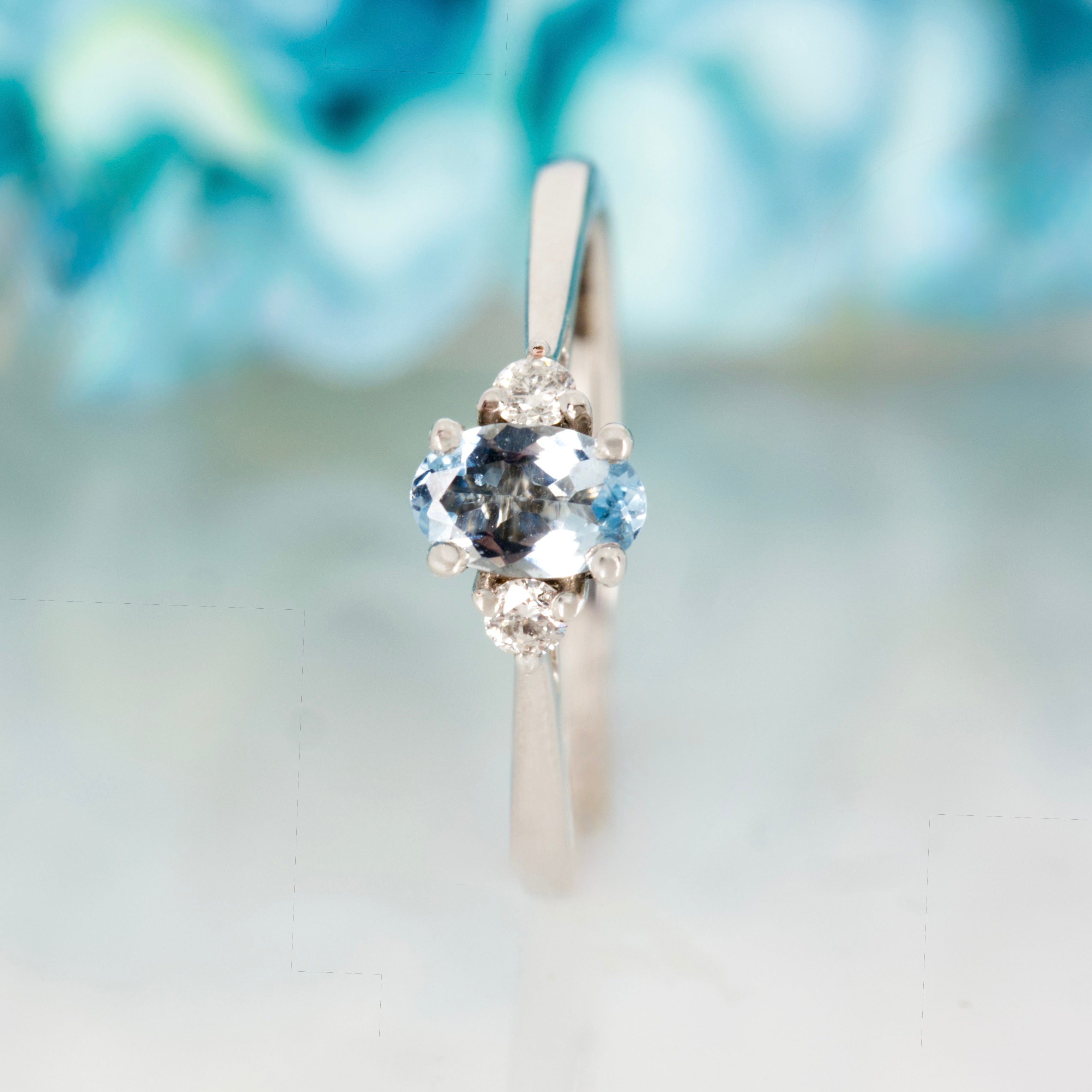 9ct White Gold Oval Cut Aquamarine & Round Brilliant Cut Diamond Trilogy Ring